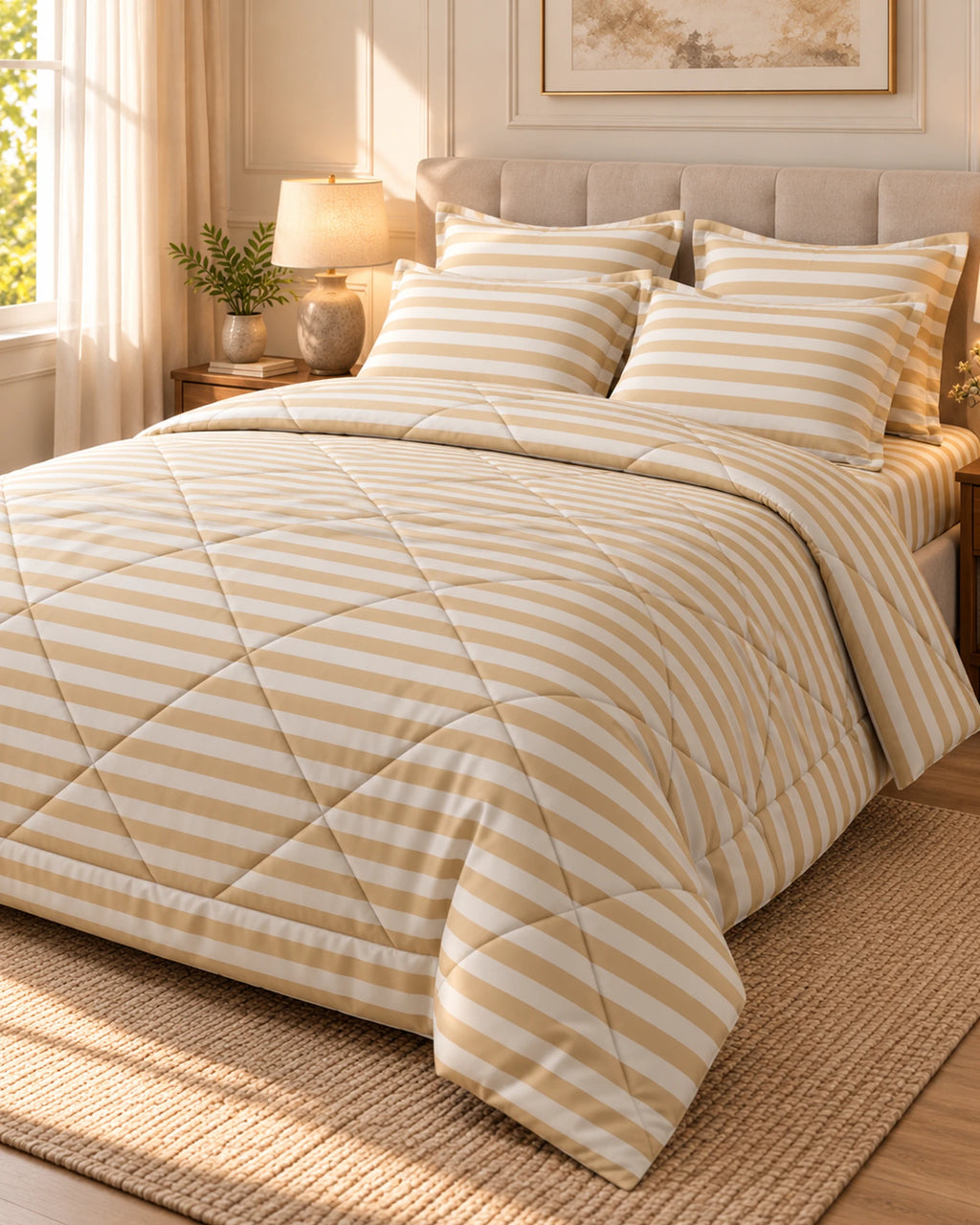 Classic Beige Stripe Sateen 6-Pc Comforter Set