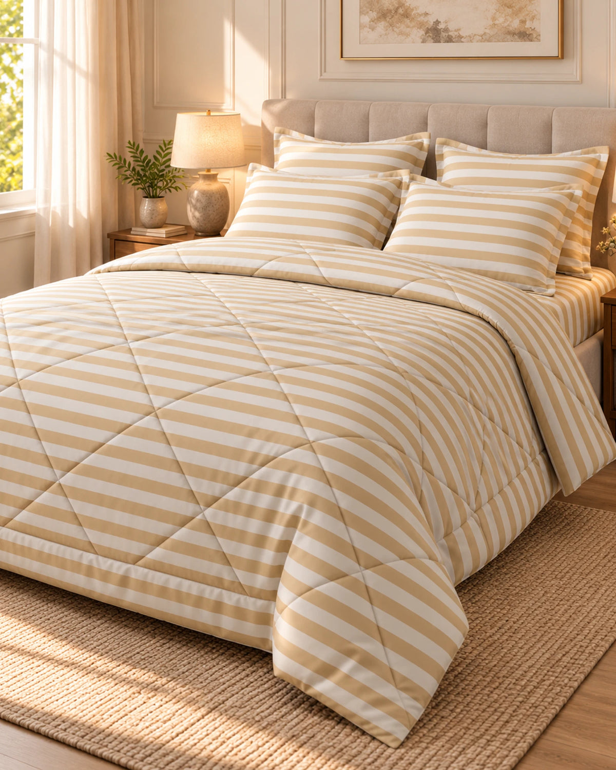Classic Beige Stripe Sateen 6-Pc Comforter Set