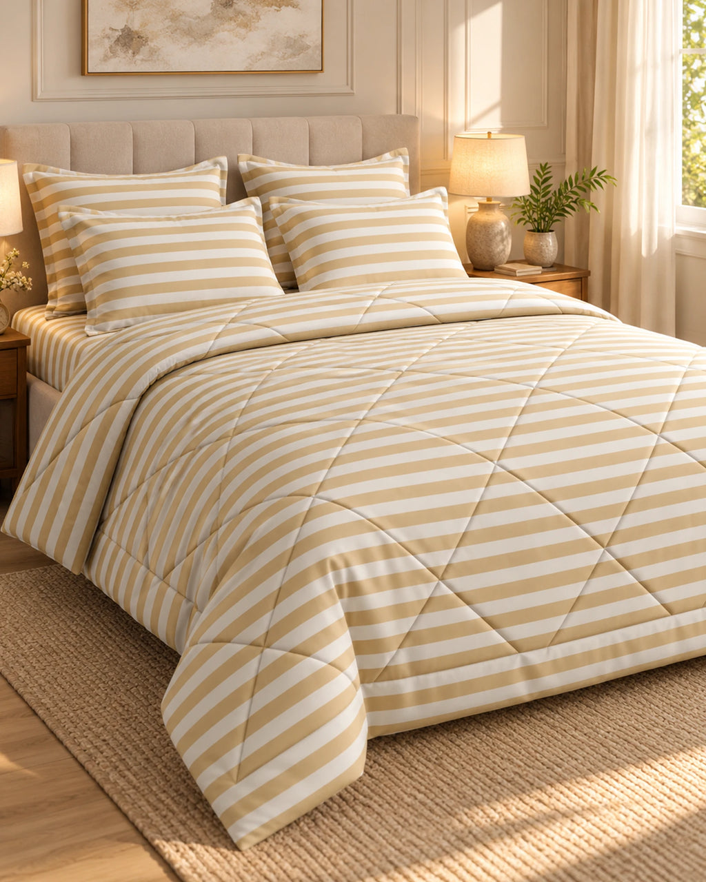 Classic Beige Stripe Sateen 6-Pc Comforter Set