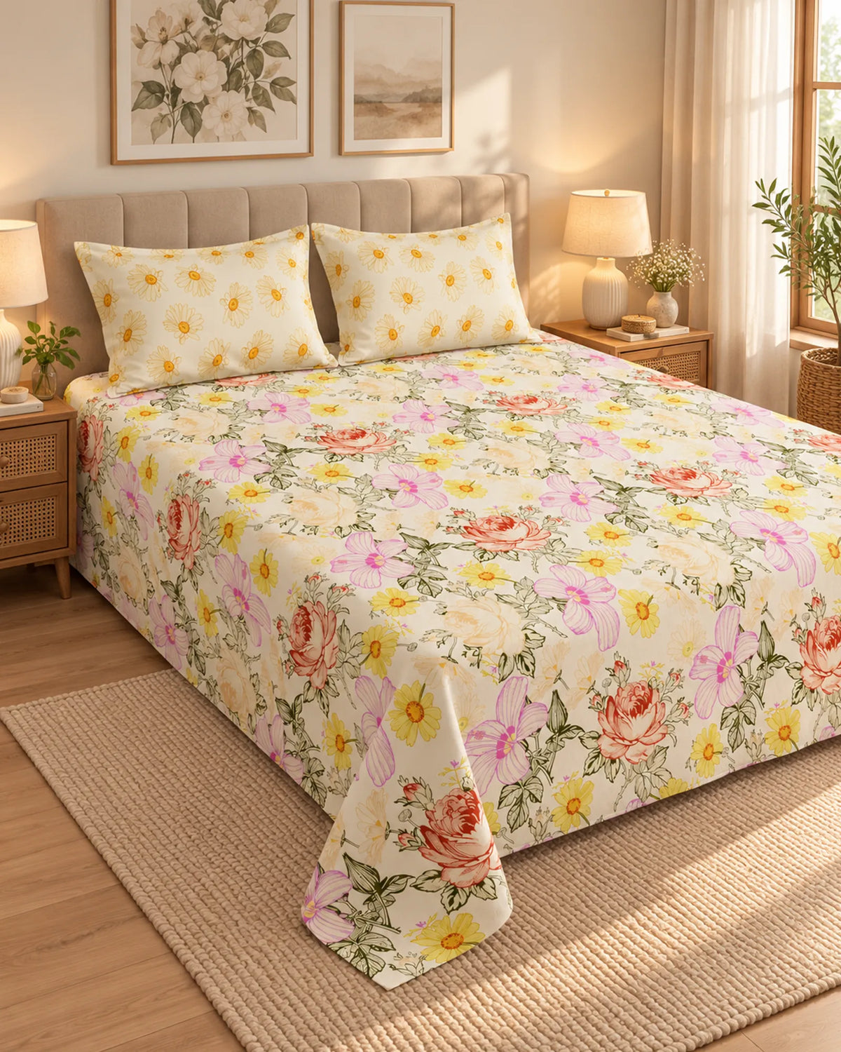 Cream Garden Floral Xara Bed Sheet Set