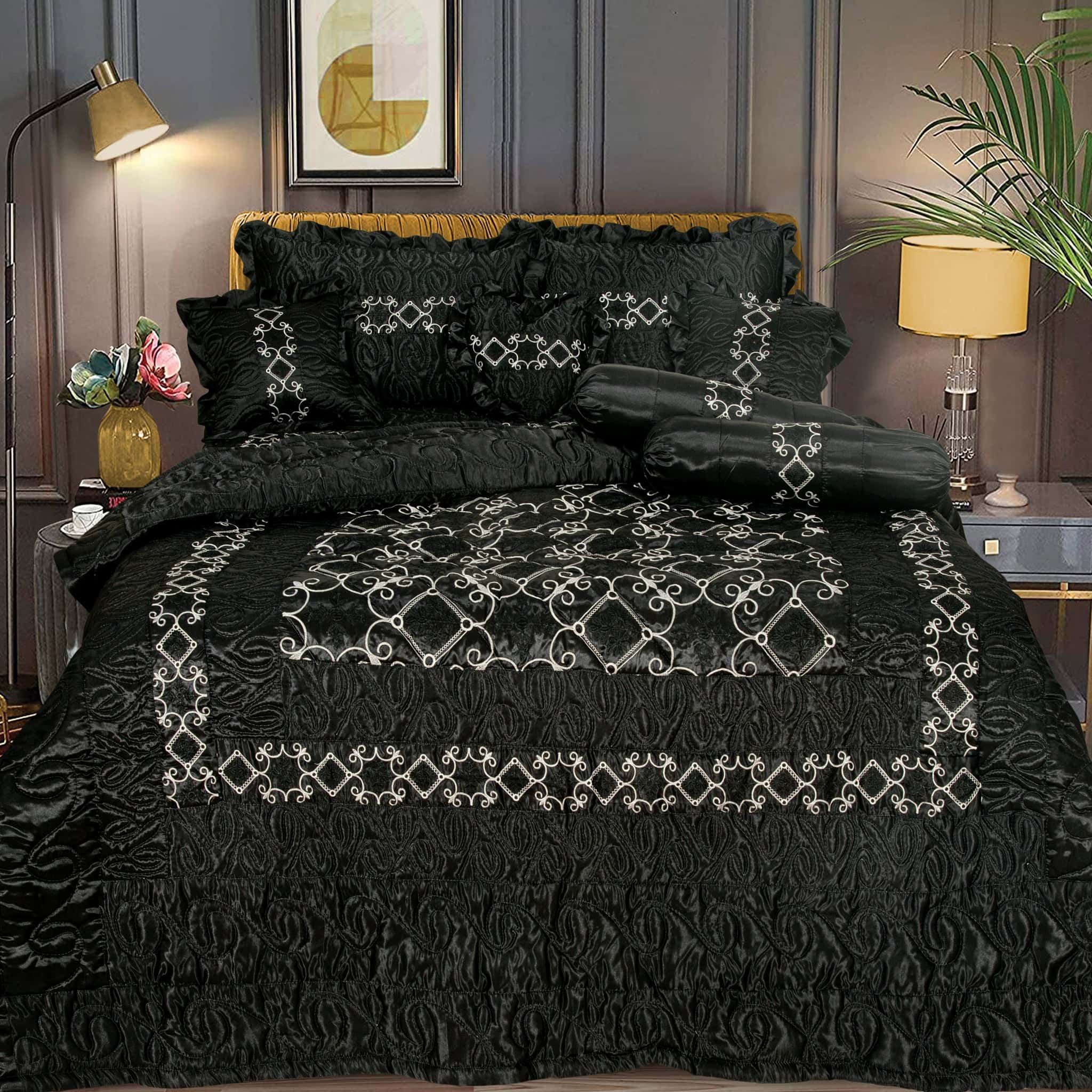 Silk Embroidered 9 pcs bridal set D#4 (Black/Sliver)