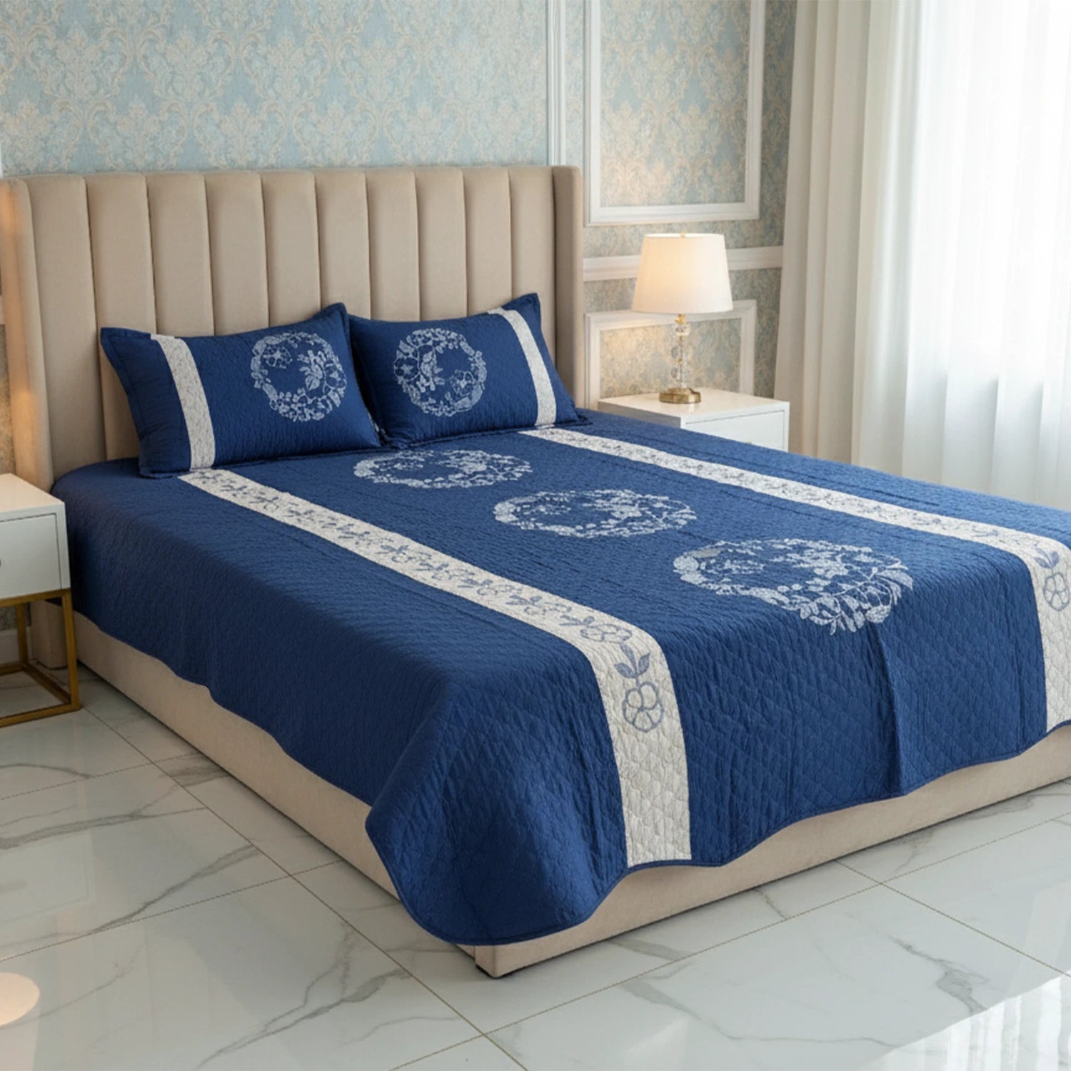Navy Blue Embroidered Quilted Cotton Bed Sheet Set