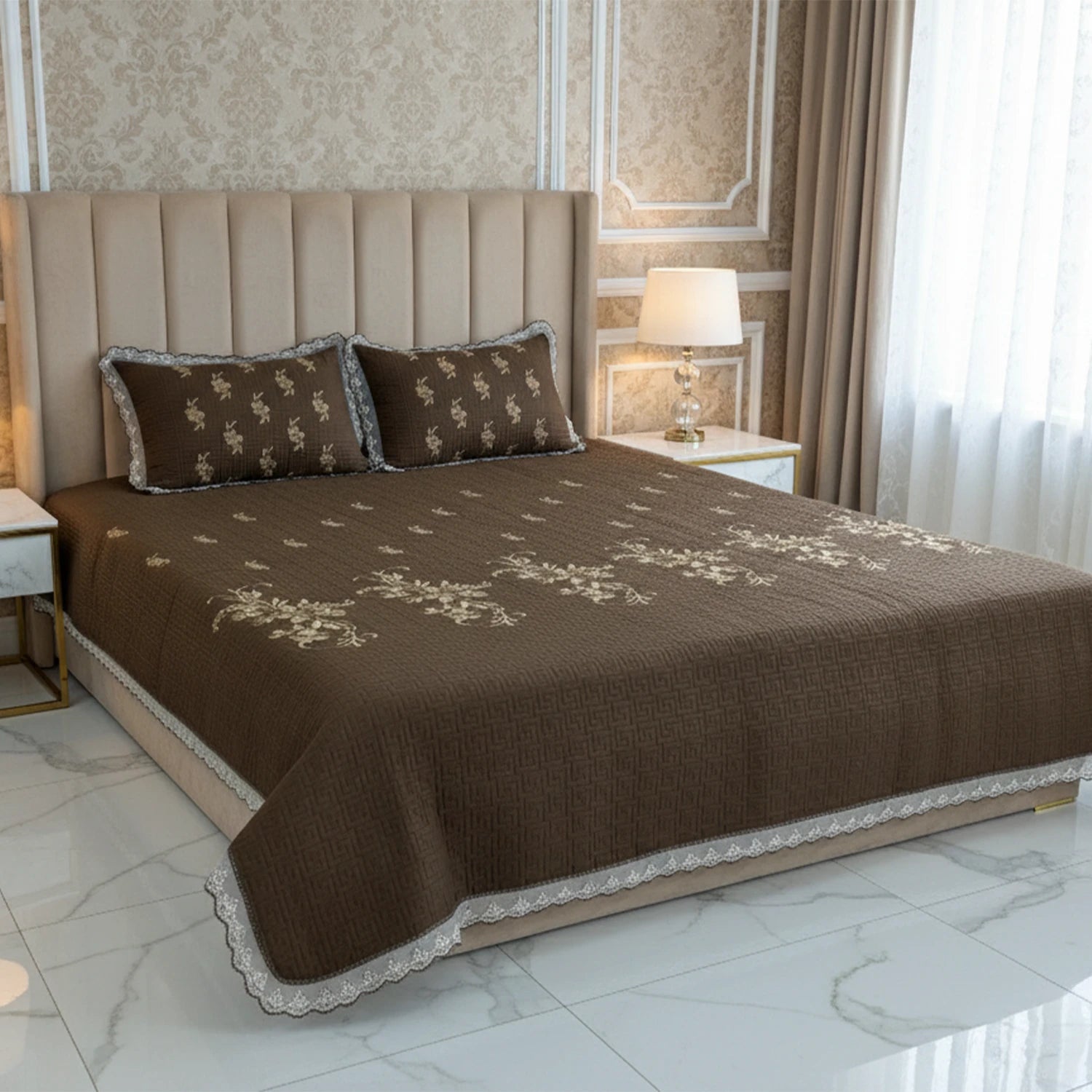 Fancy Embroidered Bed Sheet Set (Brown)