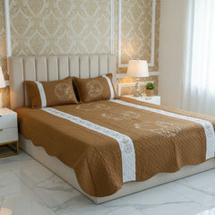 Golden Brown Embroidered Quilted Cotton Bed Sheet Set