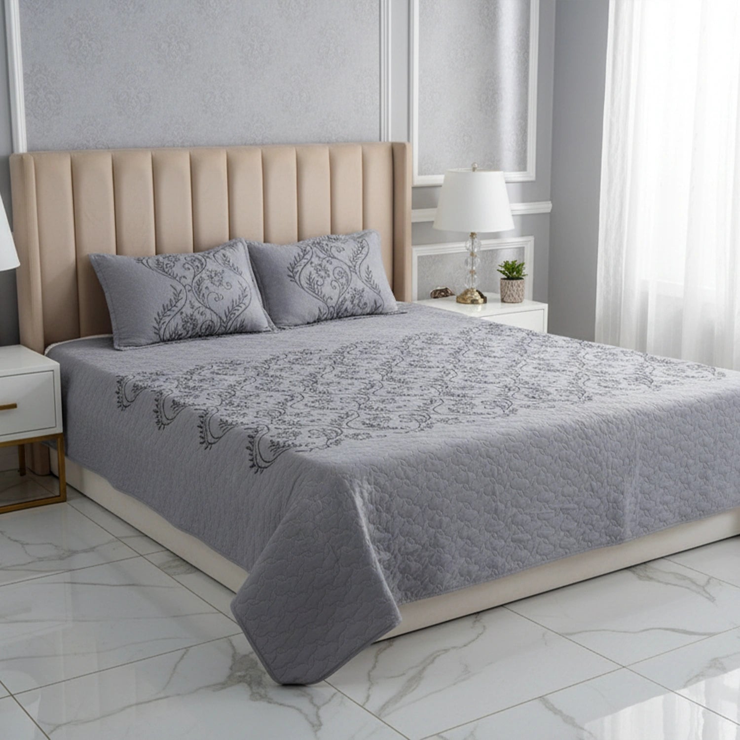 Fancy Embroidered Bed Sheet Set (Grey)