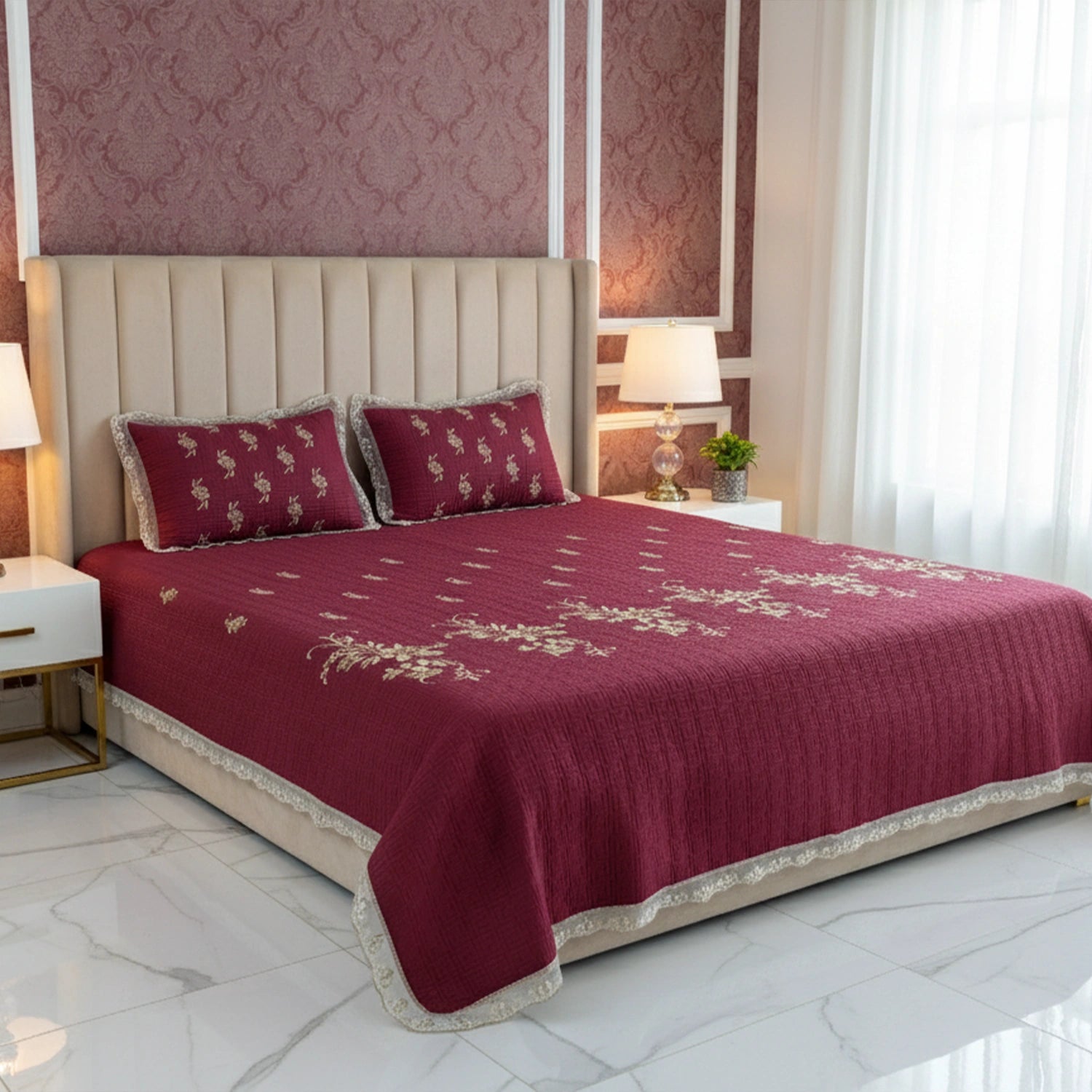 Fancy Embroidered Bed Sheet Set (Red)