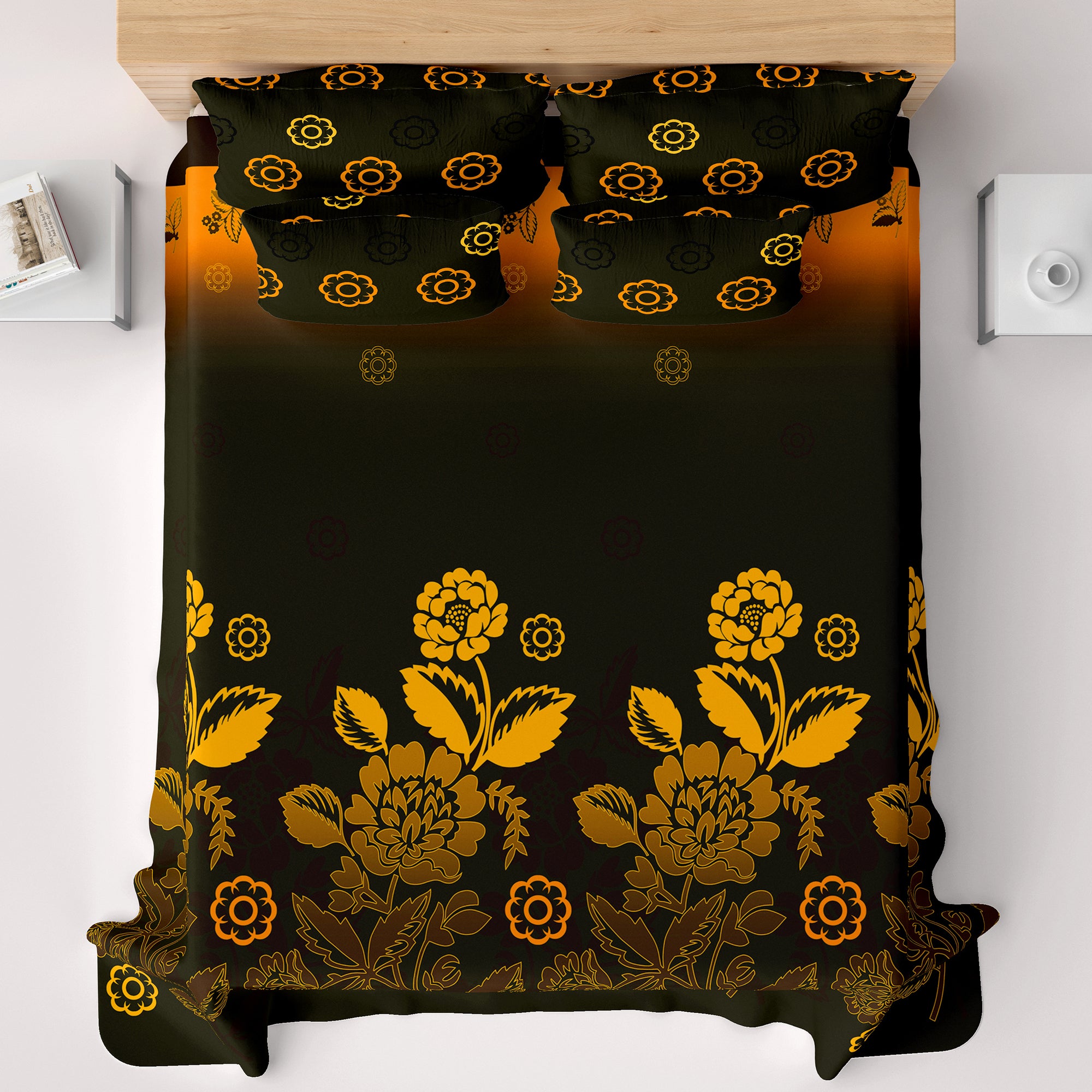 Green Floral Sateen Bed Sheet Set - 7023