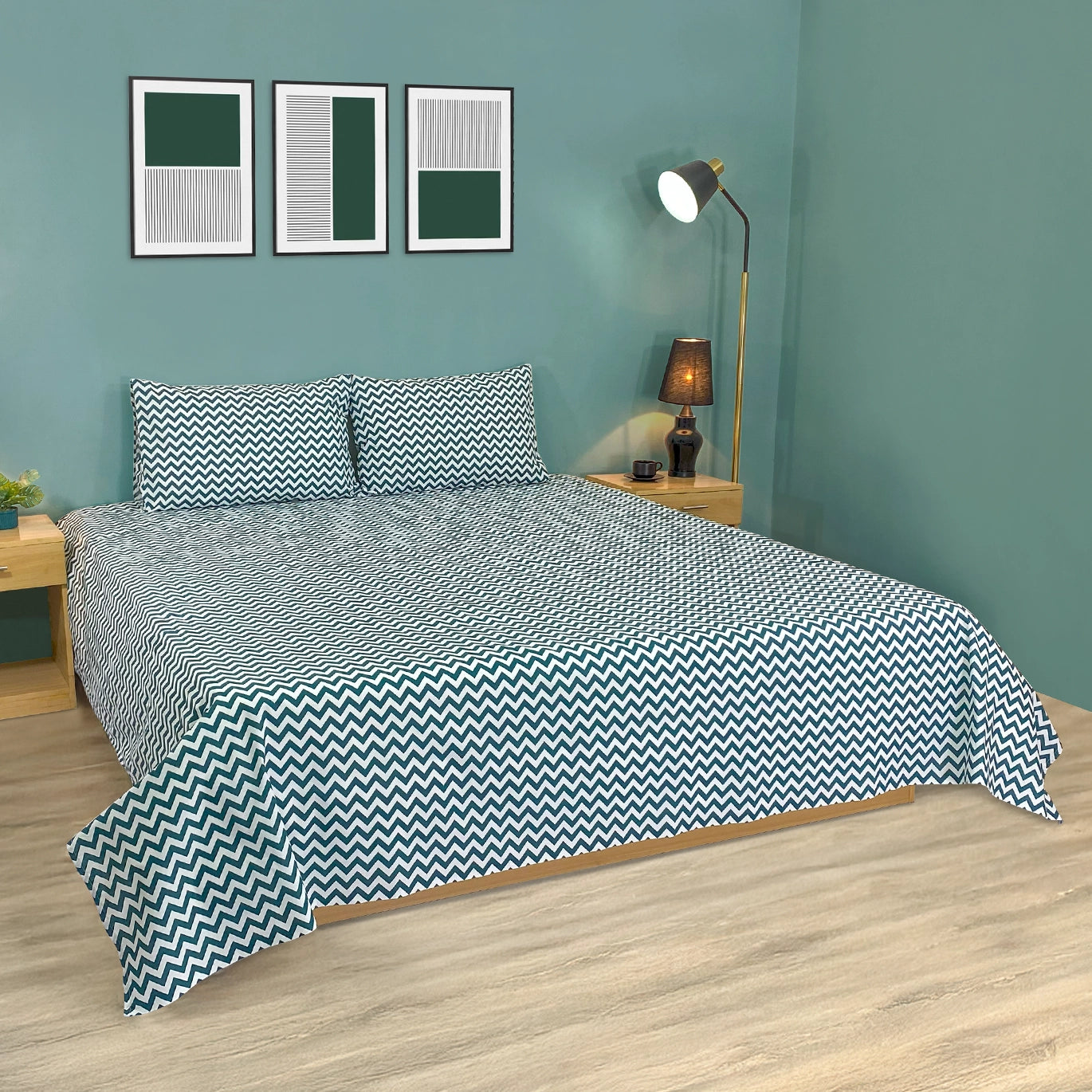 RHS Cotton Percale Zig Zag Bed Sheet Set (Green)