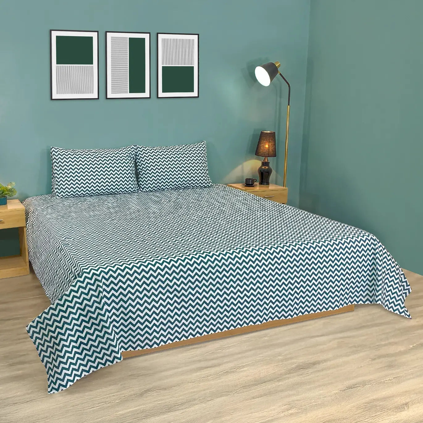 RHS Cotton Percale Zig Zag Bed Sheet Set (Green)