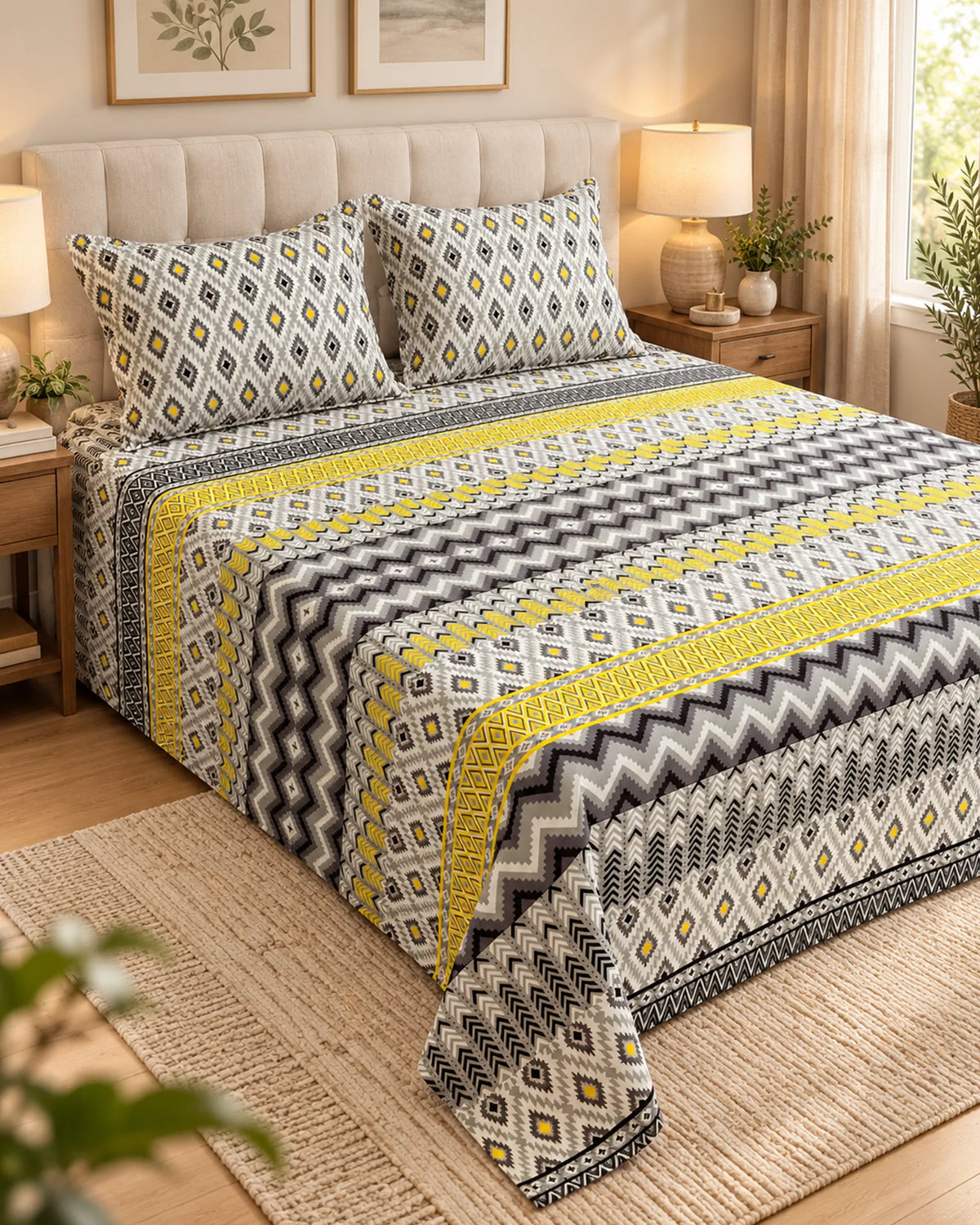 Grey & Yellow Chevron Geometric Xara Bed Sheet Set
