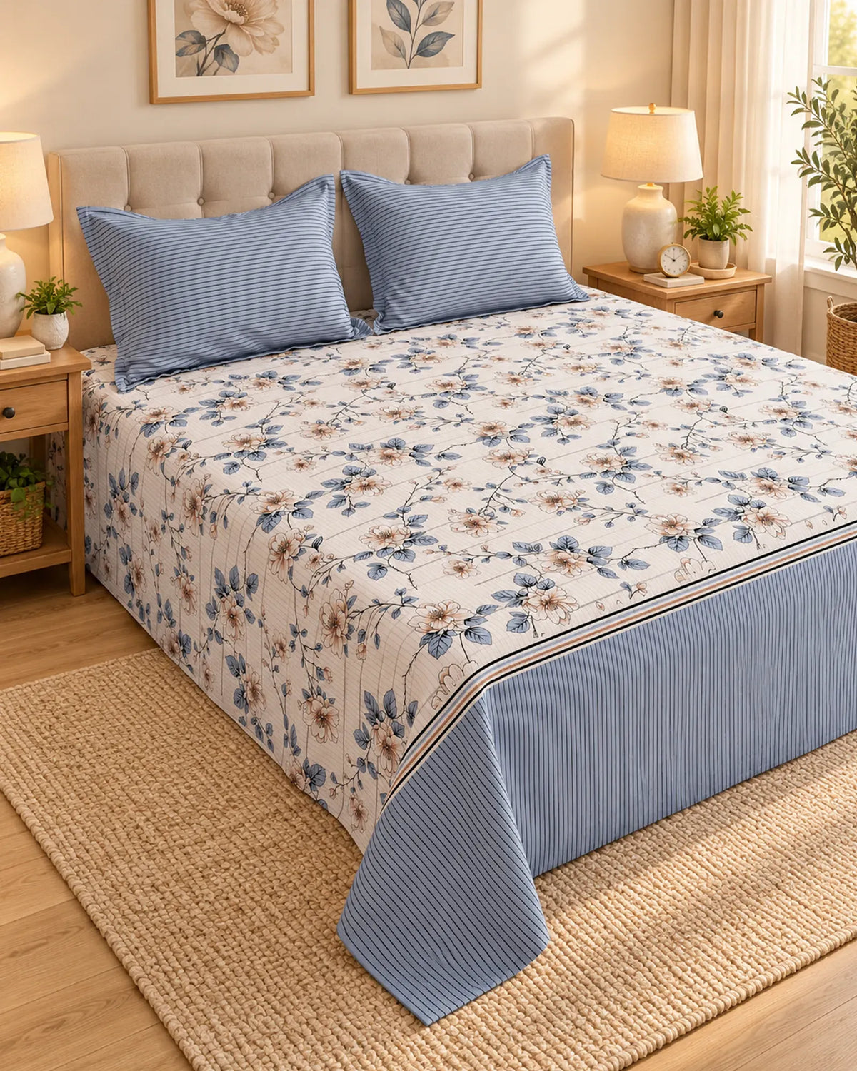 A neatly made bed in a warm bedroom setting, featuring a cream-colored floral print bedspread with blue and beige flowers, two matching blue striped pillows, and a blue striped bed skirt. The bed is styled with a beige tufted headboard, wooden nightstands with lit lamps, and a woven rug. Main image