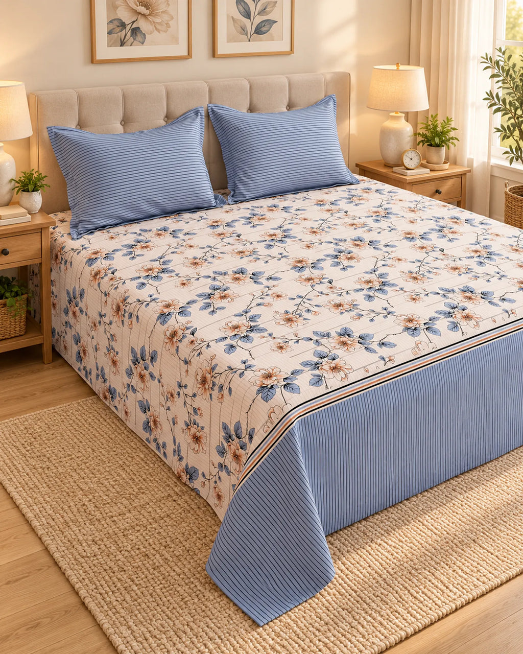 Ivory & Blue Floral Vine Xara Bed Sheet Set