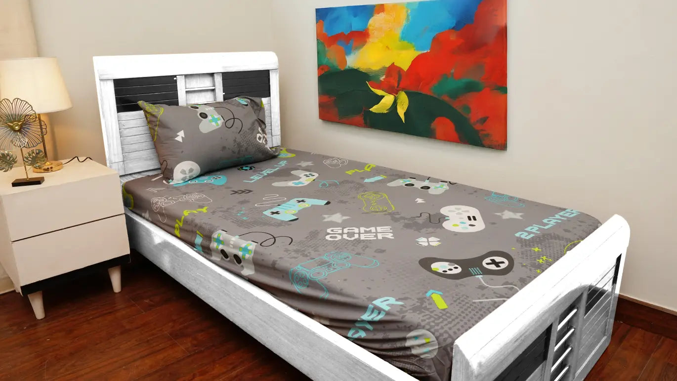 Cotton Kids Fitted bedsheet (Gamer) Grey