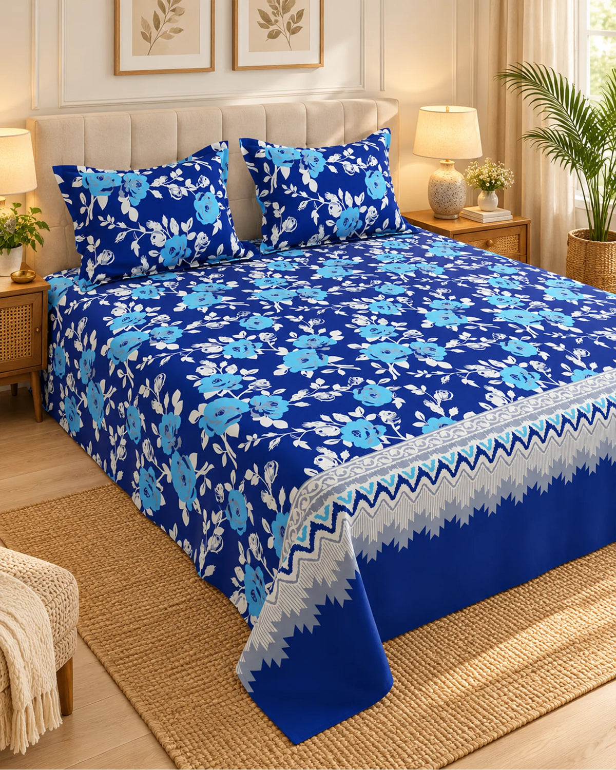A blue floral bedspread set with matching pillowcases on a bed in a styled bedroom. The set features a vibrant royal blue and light blue floral pattern with a white and blue geometric border. Main image