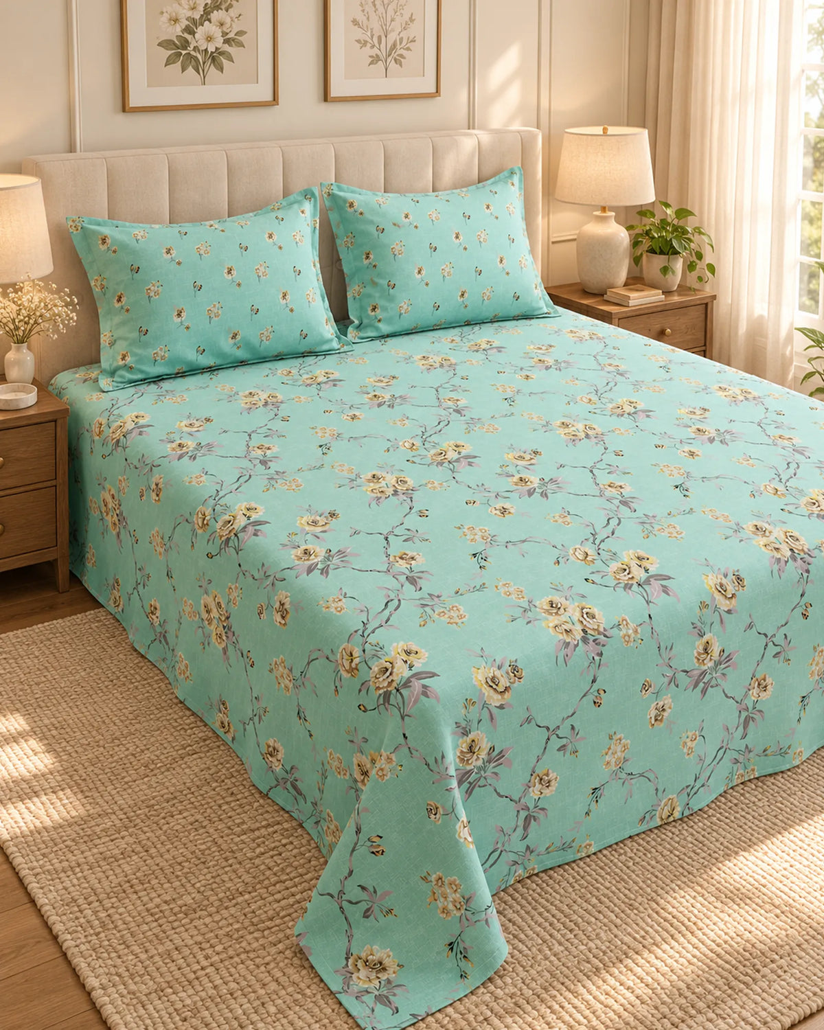 Mint Green Floral Vine Xara Bed Sheet Set