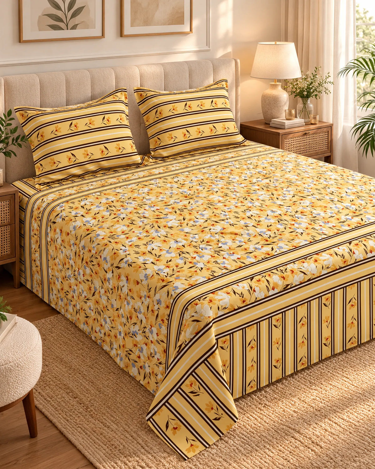 Mustard Floral Stripe Xara Bed Sheet Set