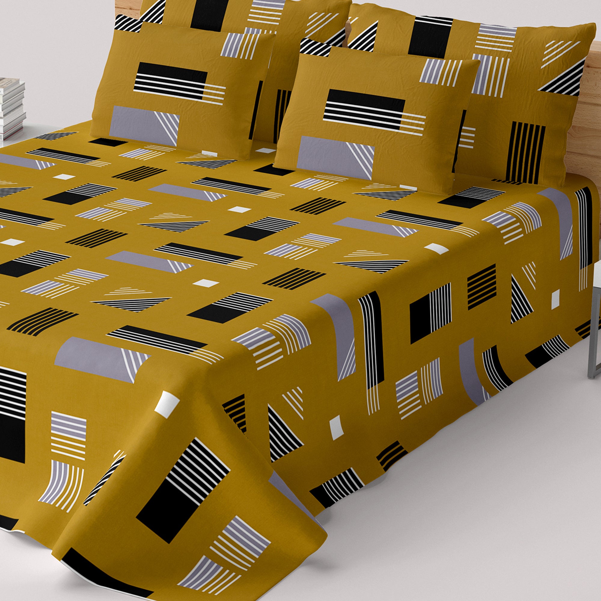 Mustard Geometric Sateen Bed Sheet Set - 7577-(M)