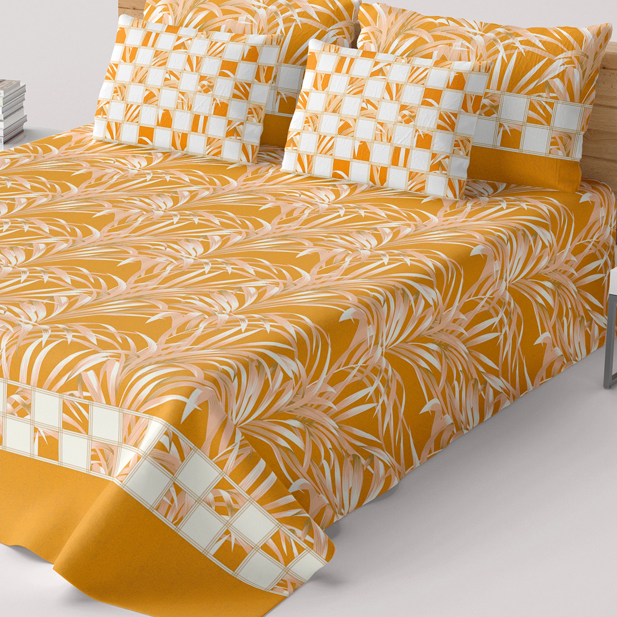 Mustard Leaf Sateen Bed Sheet Set - 6963