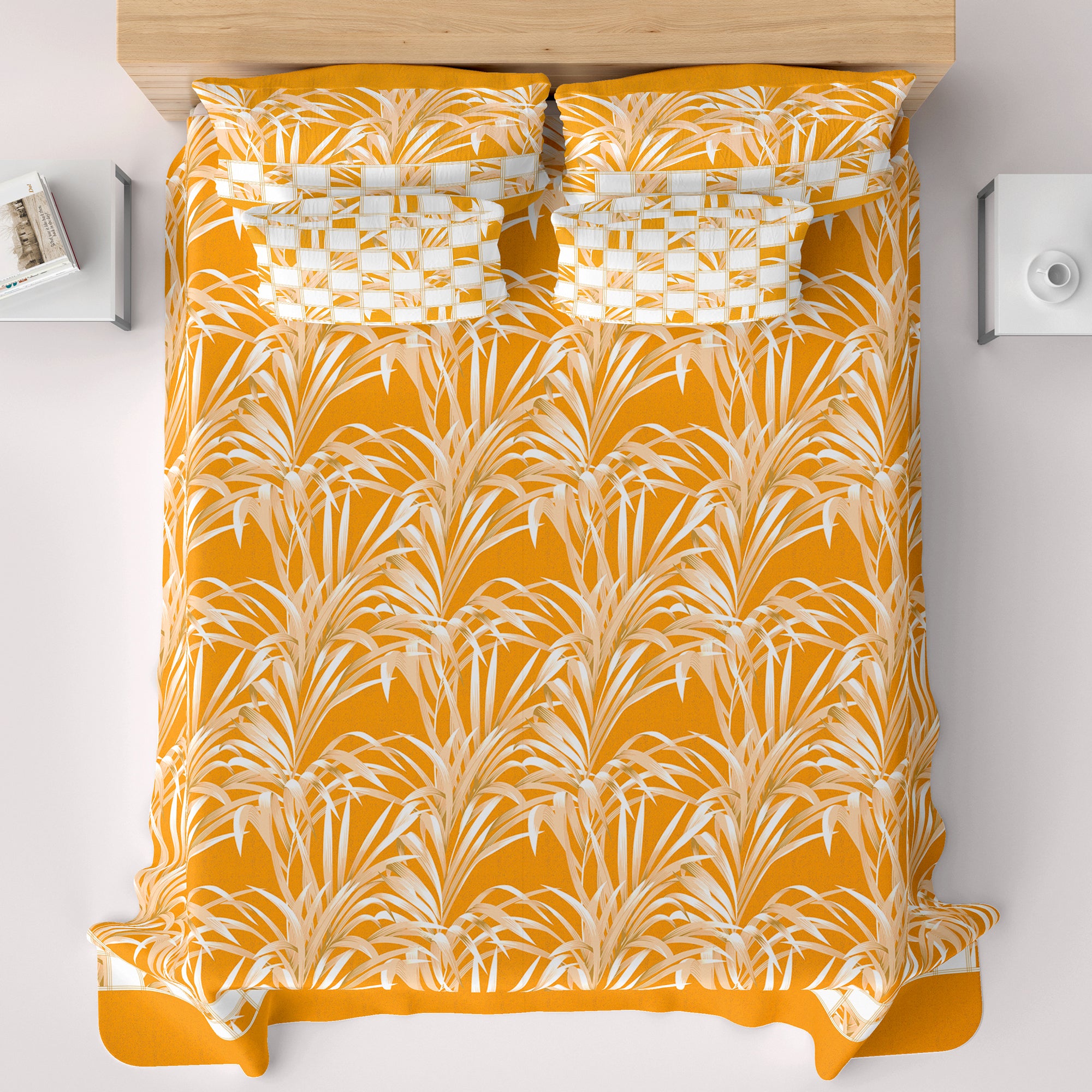 Mustard Leaf Sateen Bed Sheet Set - 6963