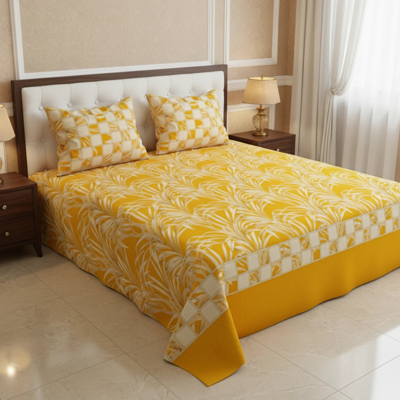 Mustard Leaf Sateen Bed Sheet Set - 6963