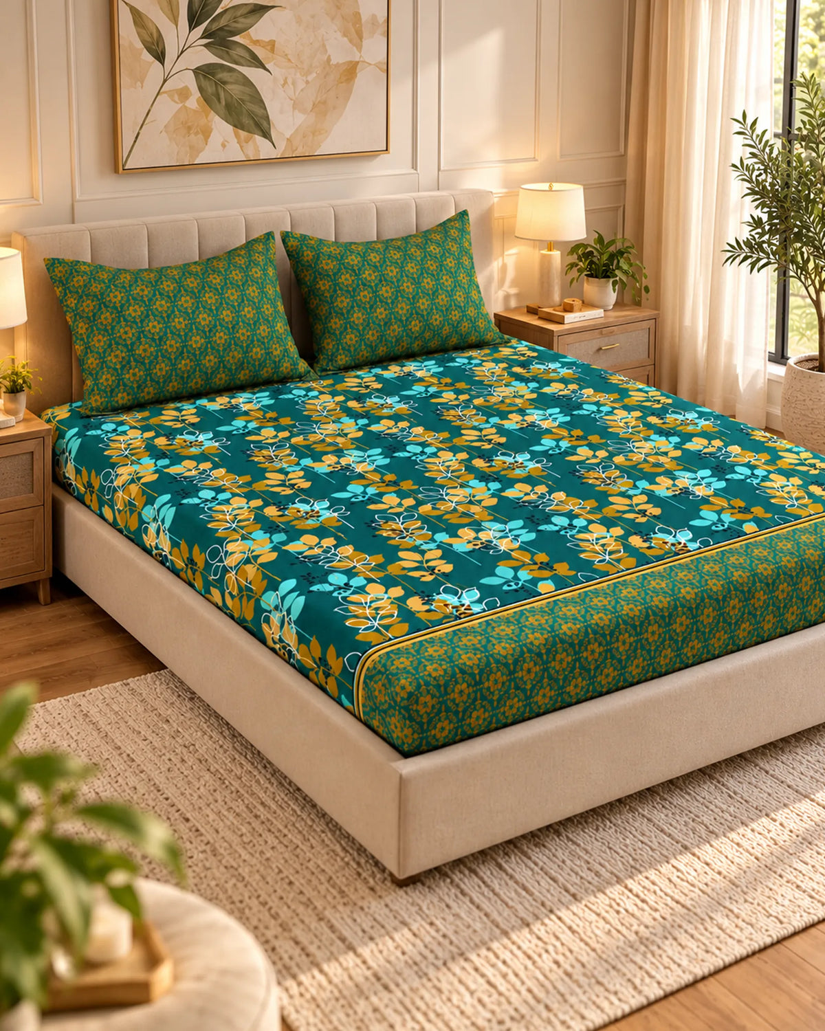 OPULENT TEAL FOLIAGE Xara Fitted Bed Sheet Set