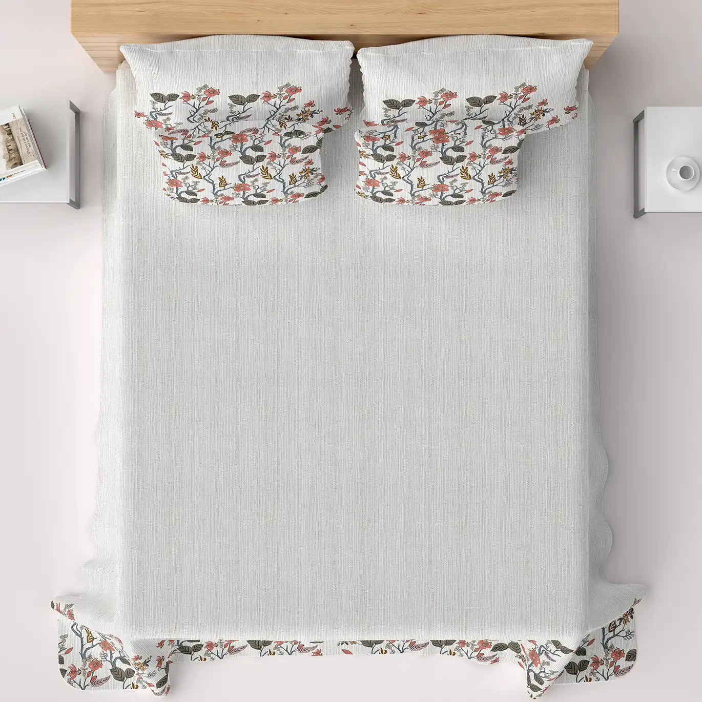 Off white Dot Floral Print Sateen Bed Sheet Set - 7588