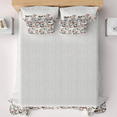 Off white Dot Floral Print Sateen Bed Sheet Set - 7588
