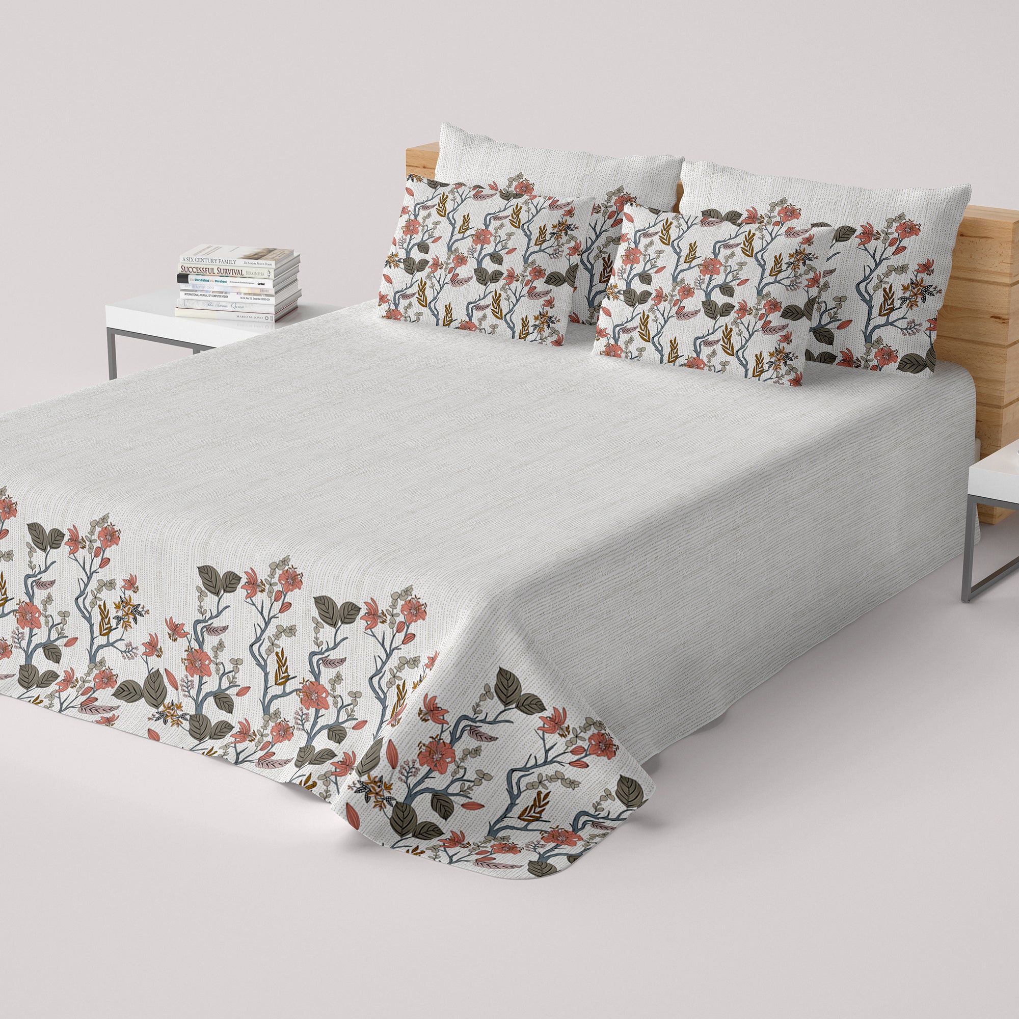 Off white Dot Floral Print Sateen Bed Sheet Set - 7588