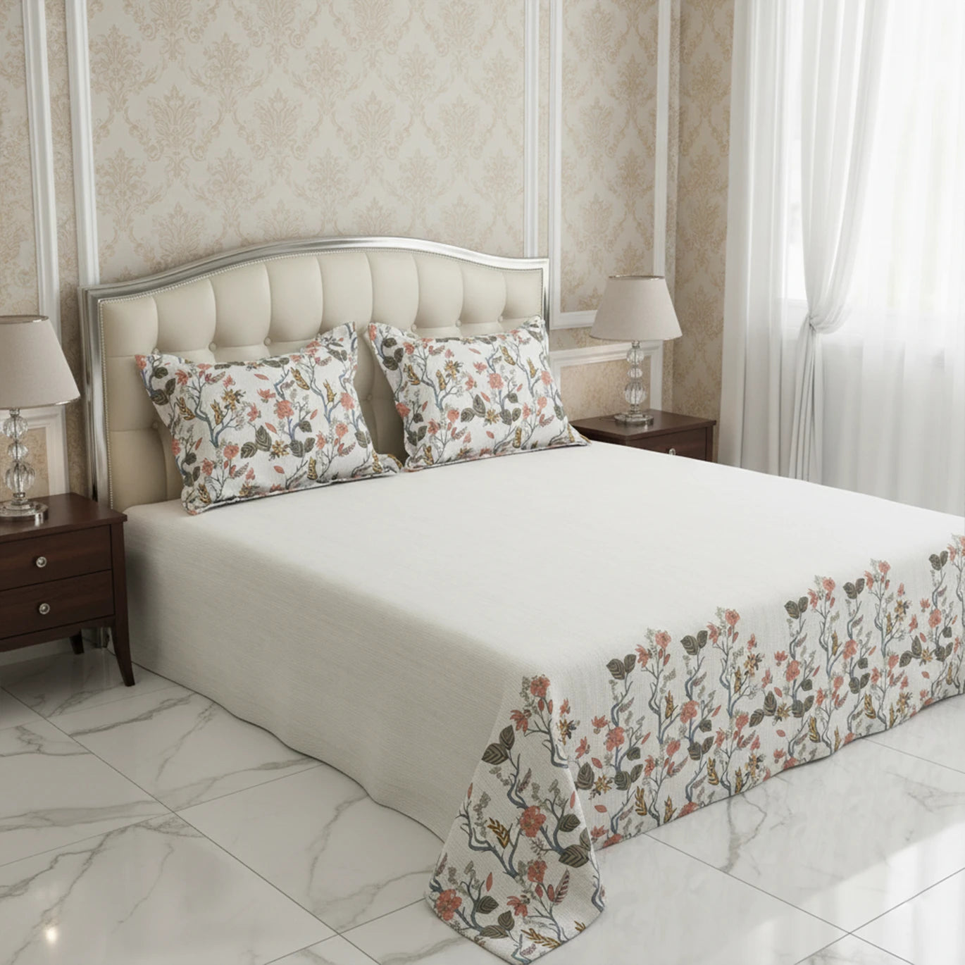 Off white Dot Floral Print Sateen Bed Sheet Set - 7588