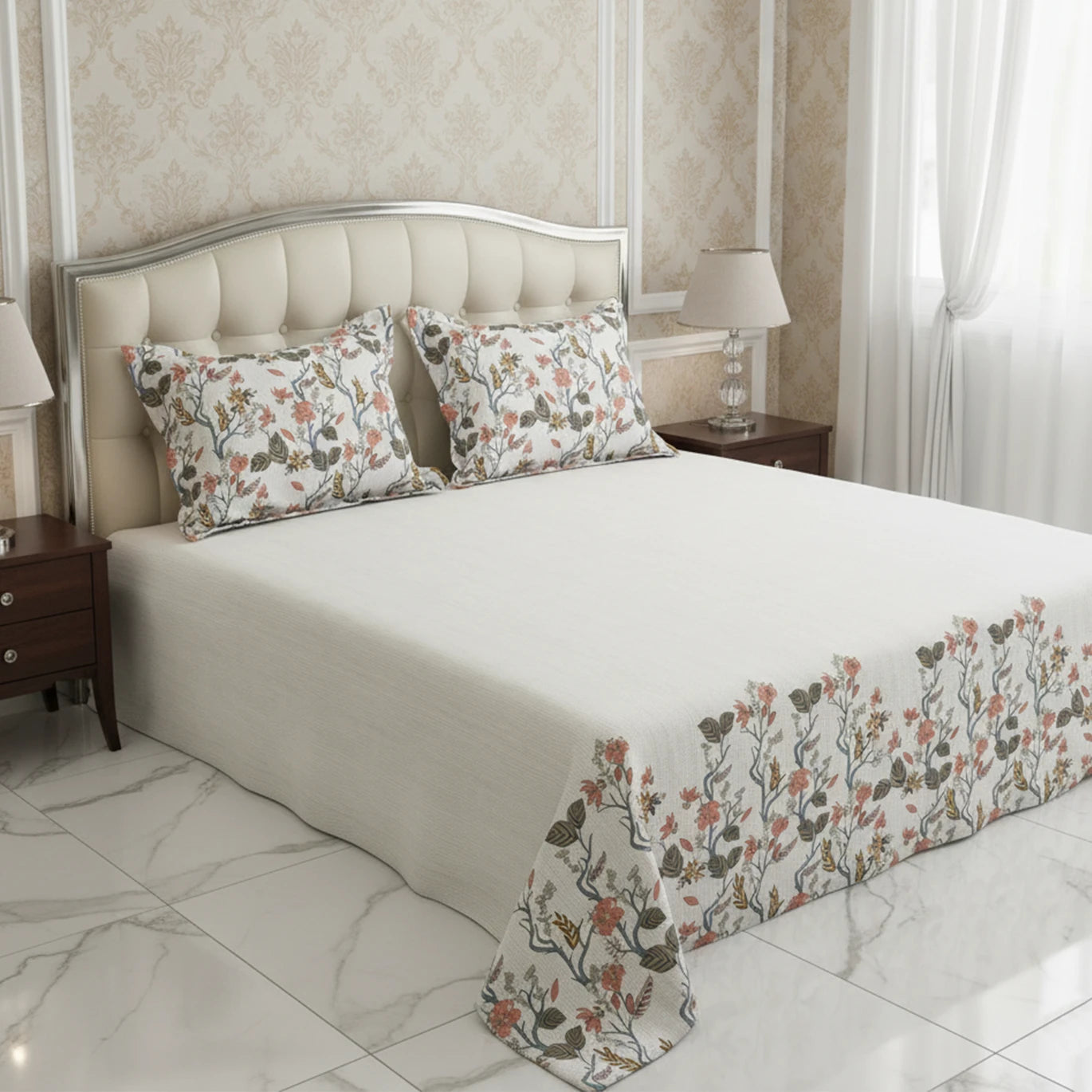 Off white Dot Floral Print Sateen Bed Sheet Set - 7588