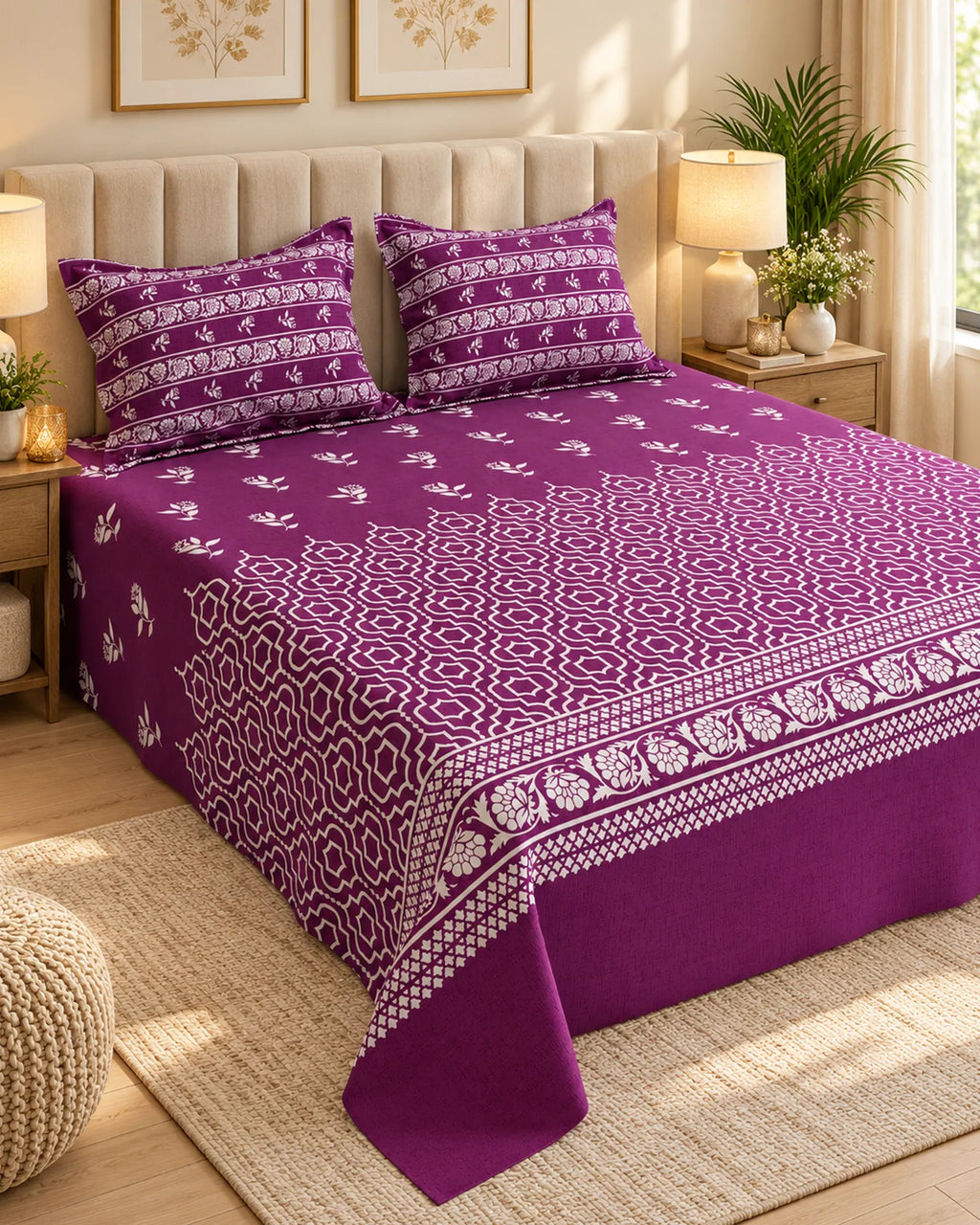 Plum Lattice & Floral Border Xara Bed Sheet Set