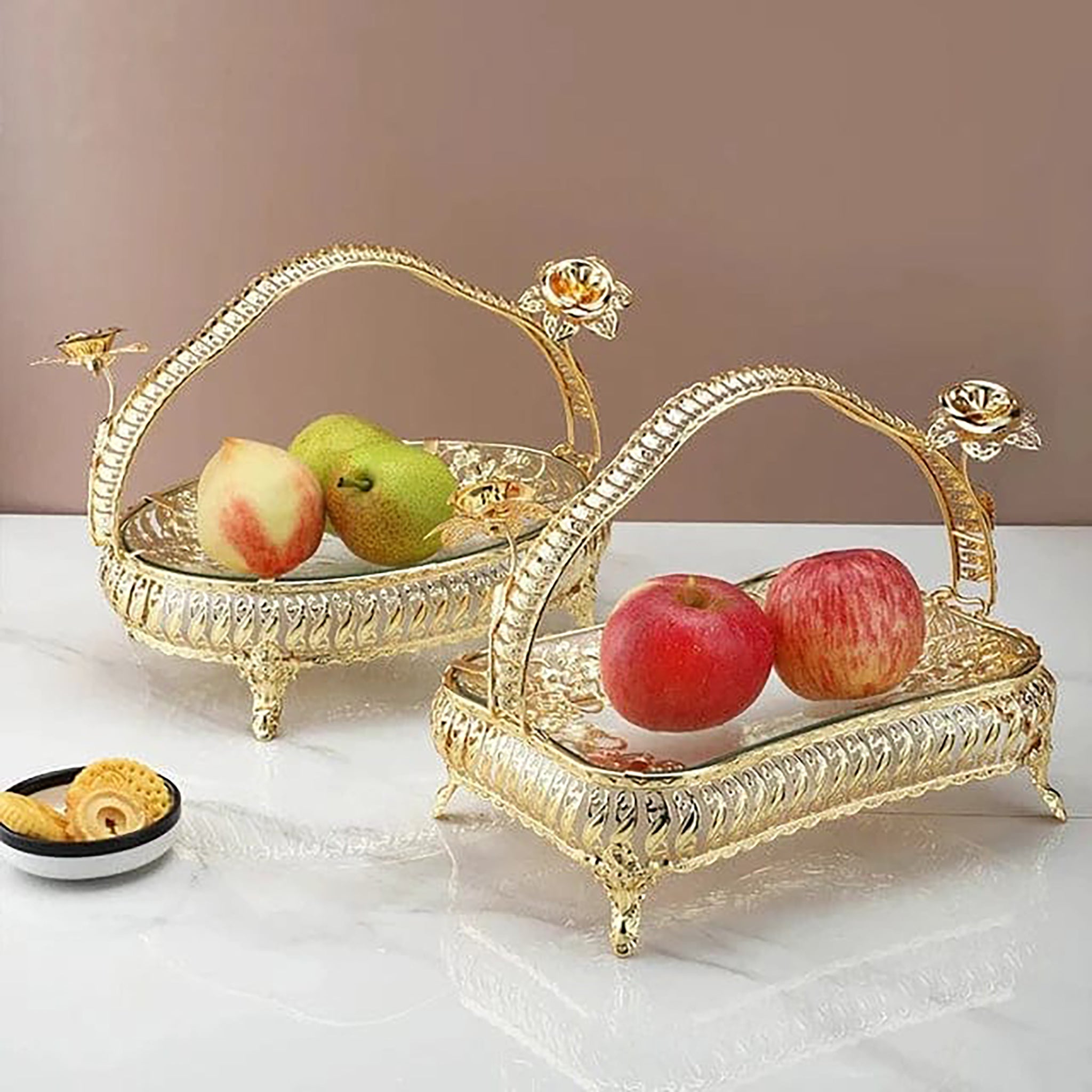 Gold-Plated Fruit Basket with Rose Detail - RHS-HD-TD-049