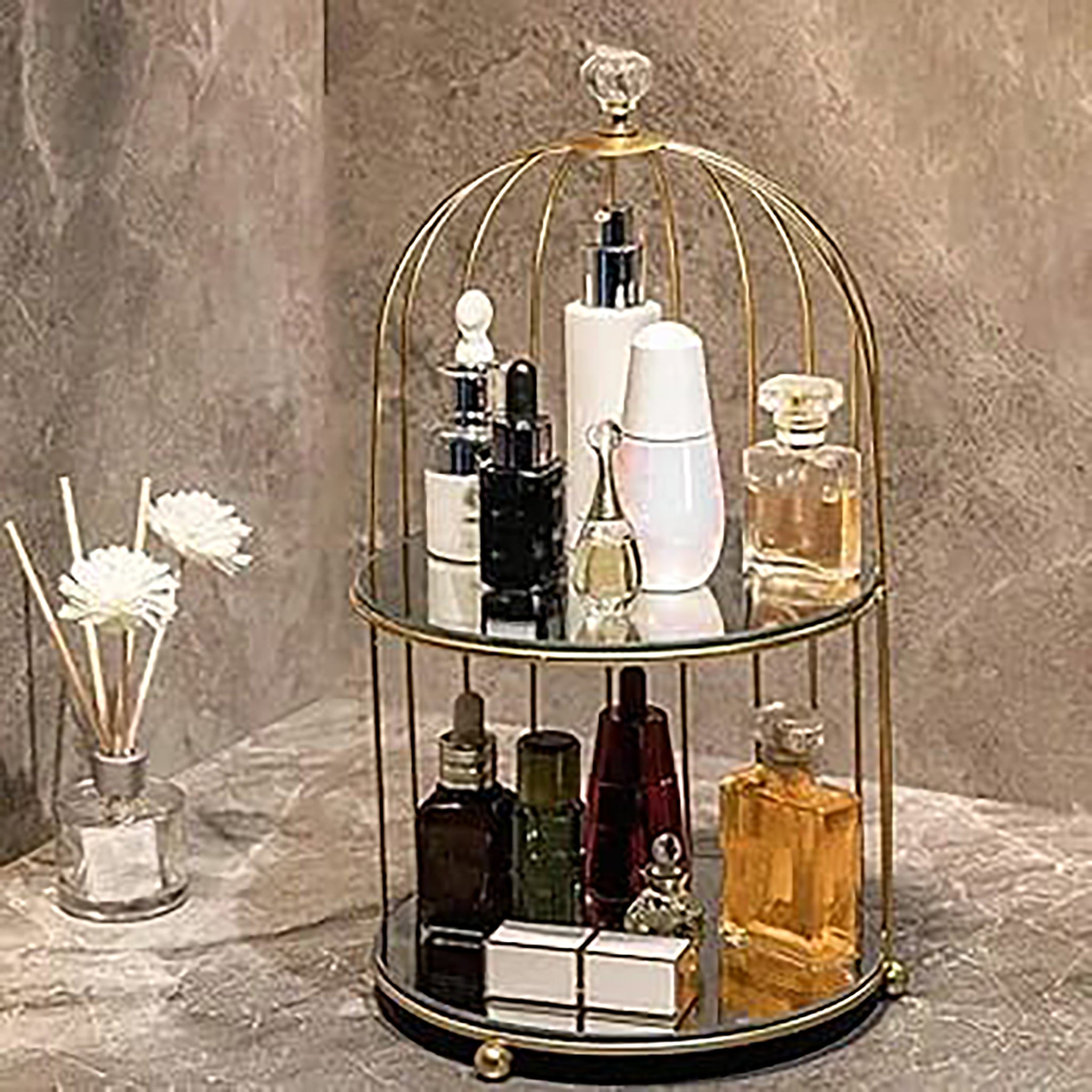 Two-Tier Gold Makeup Organizer with Mirror - RHS-HD-TD-050