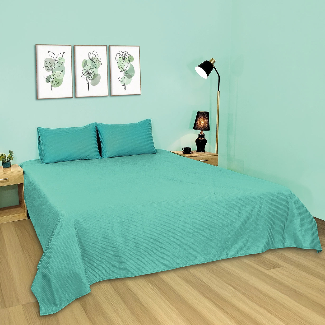 RHS Cotton Satin Stripe Bed Sheet Set (Aqua)