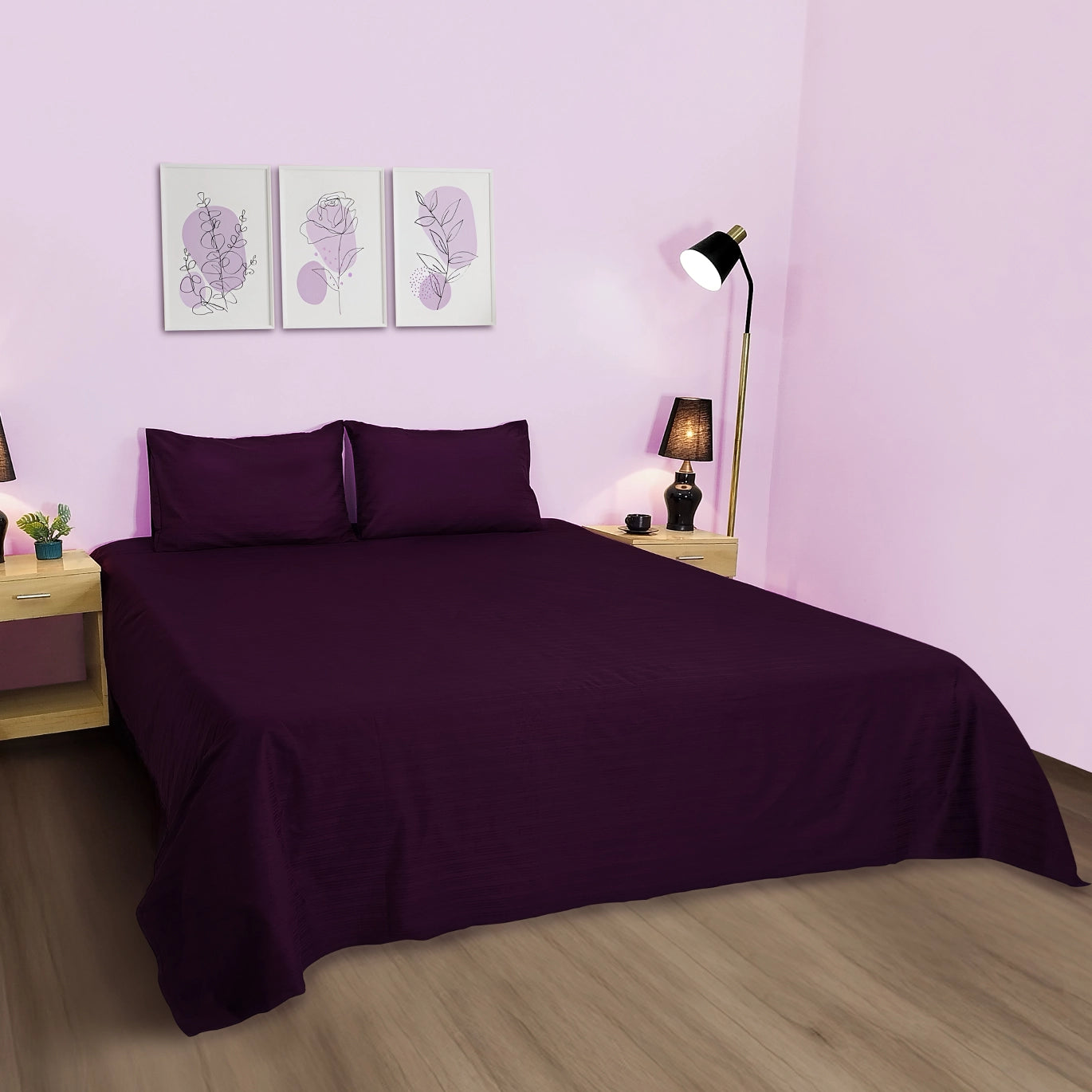 RHS Cotton Satin Stripe Bed Sheet Set (Eggplant)