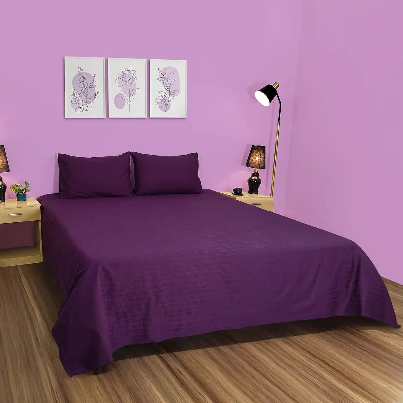 RHS Cotton Satin Stripe Bed Sheet Set (Eggplant)