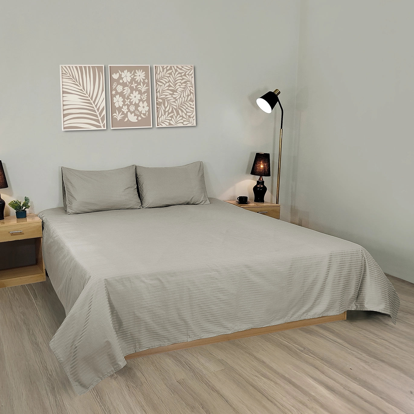 RHS Cotton Satin Stripe Bed Sheet Set (Gainsboro Grey)