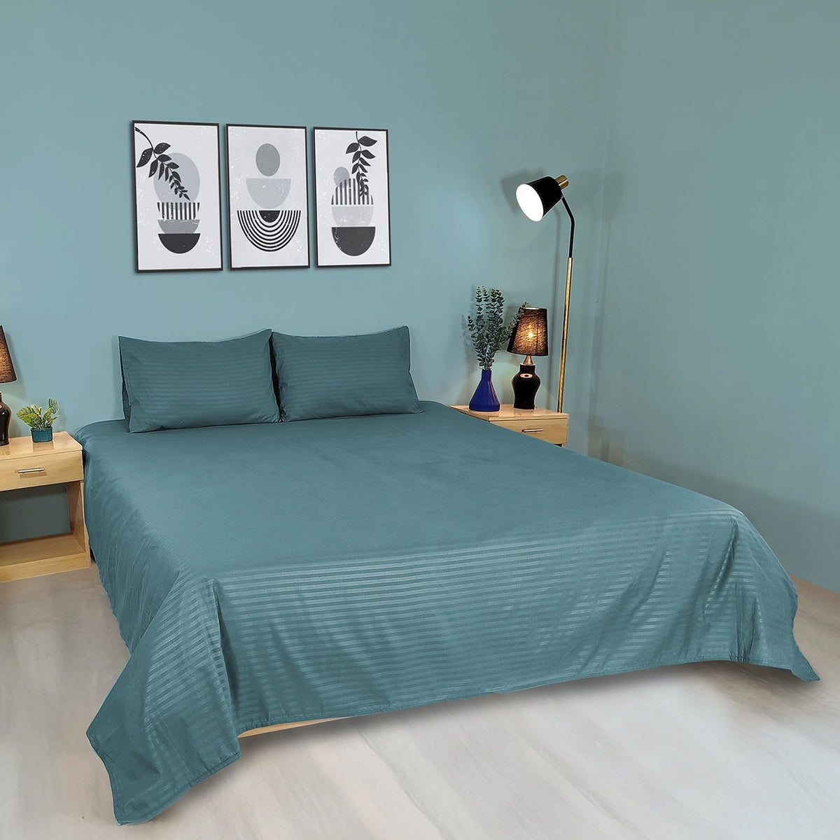 AQUA HORIZONTAL STRIPE MICRO COTTON BED SHEET