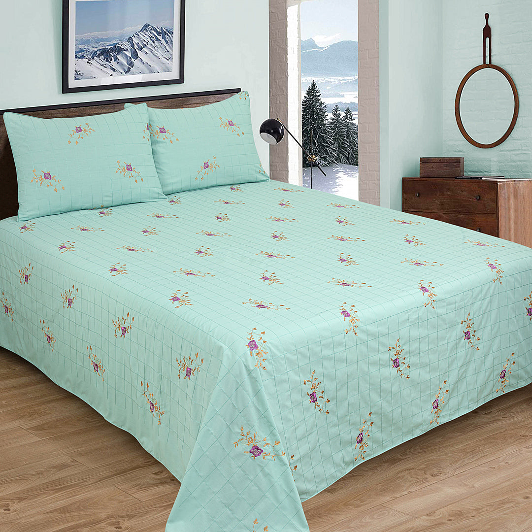 Cotton Embroidered 3 pcs Bedsheet Set (Ferozi)