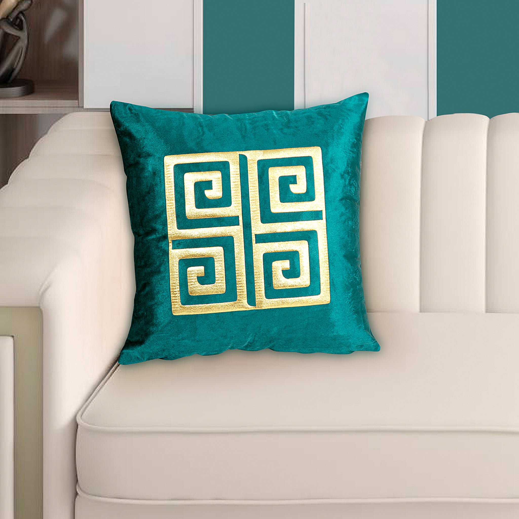 Velvet Patch Work Cushion Cover Geometric (Sea Green)