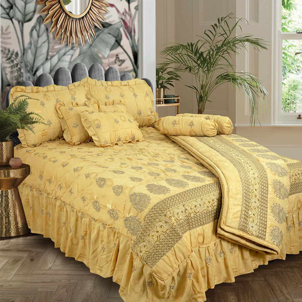 Chiffon embroidered 9 pcs bridal set (Banana Yellow) Main image