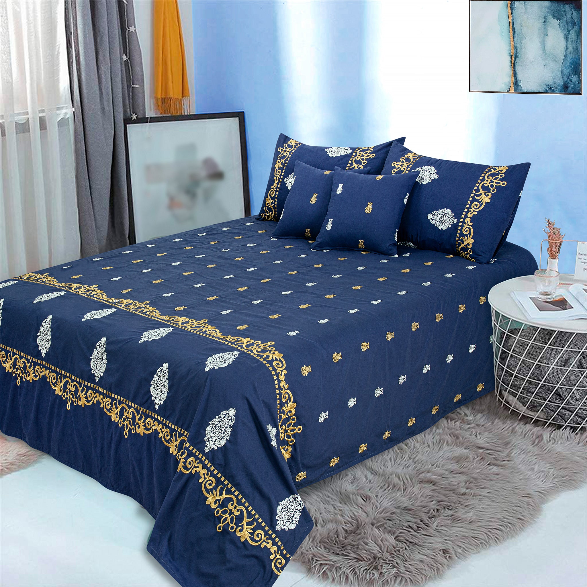 RHS 5 pcs Embroidered Bedsheet Set (Navy Blue)