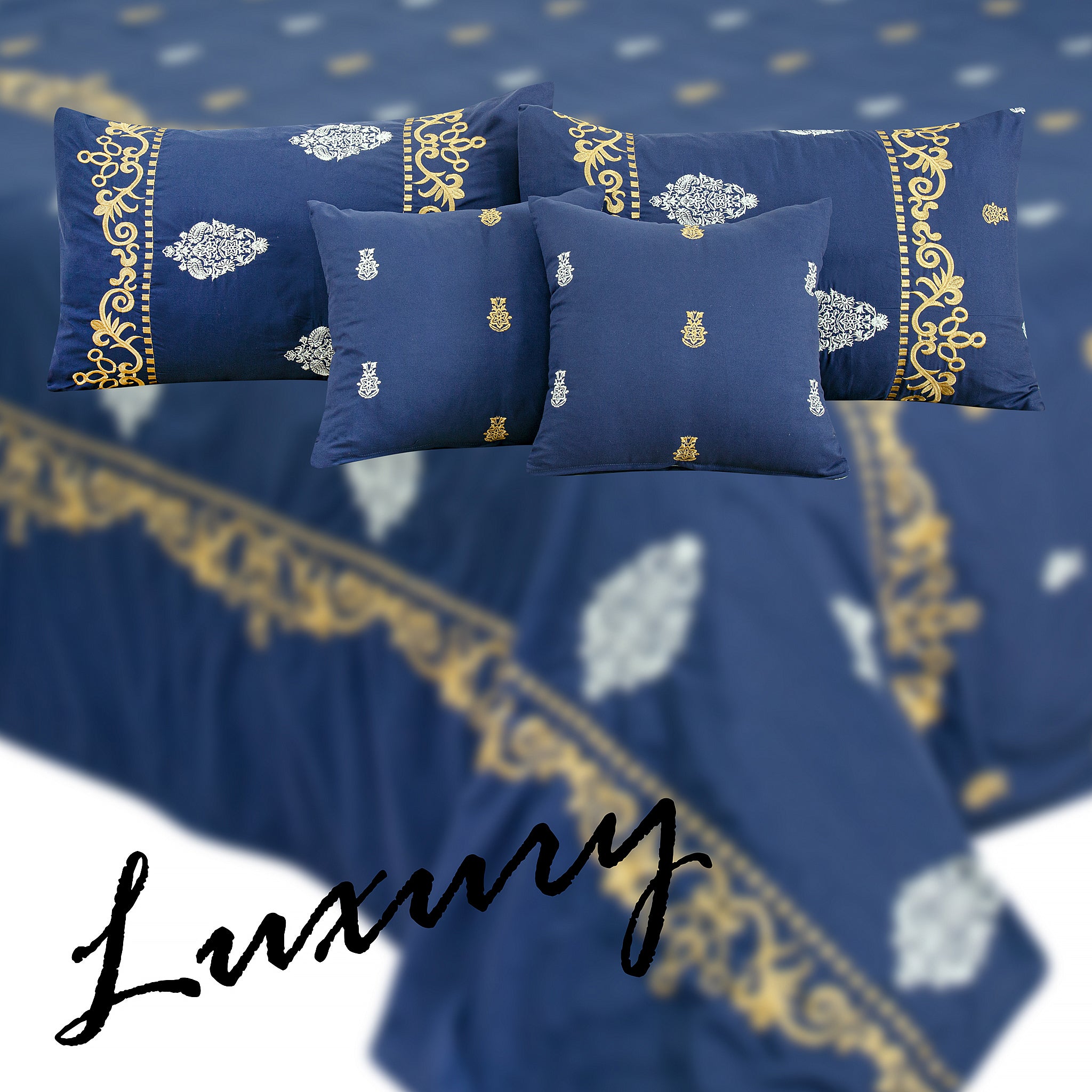 RHS 5 pcs Embroidered Bedsheet Set (Navy Blue)