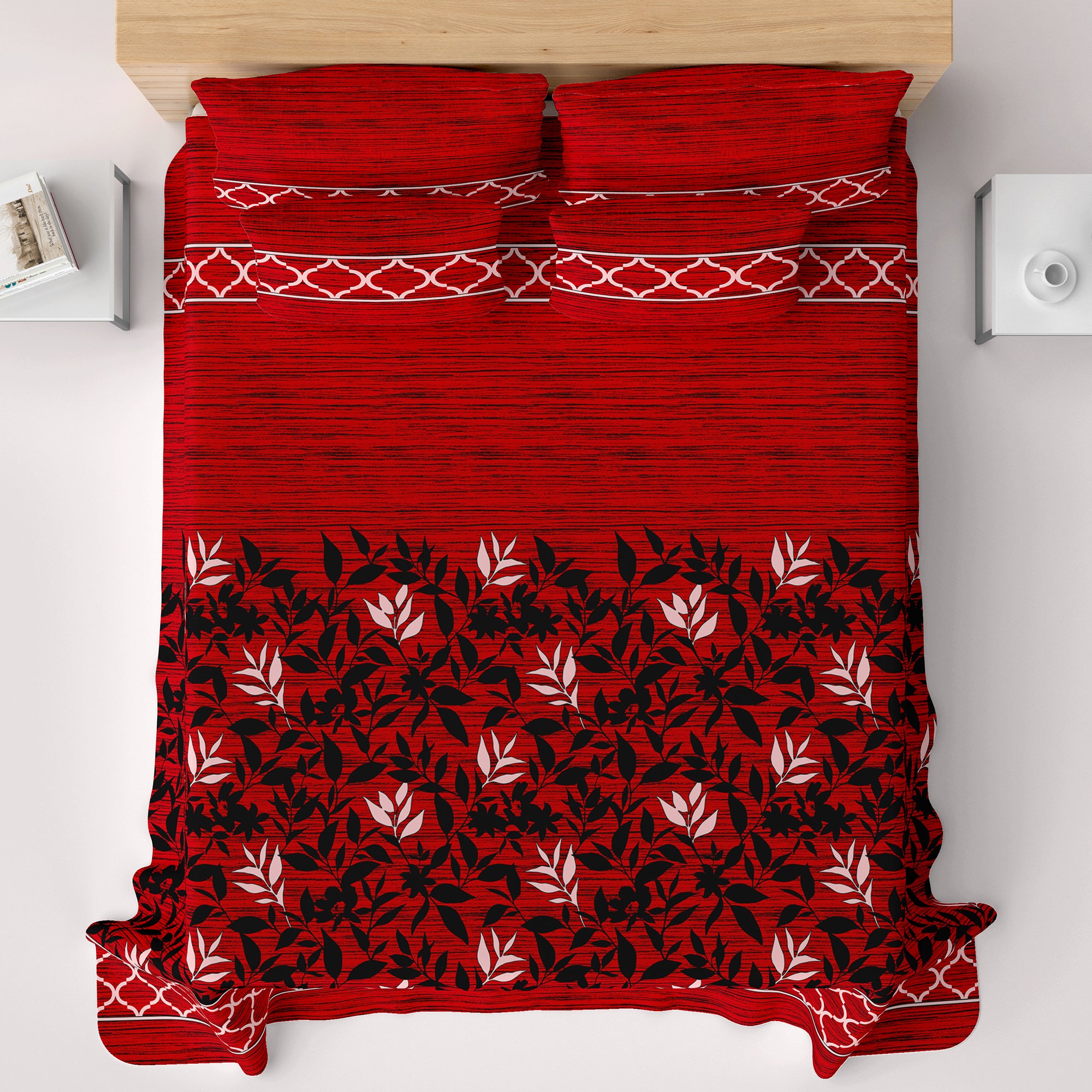 Red Leaf Design Sateen Bed Sheet Set - 6959