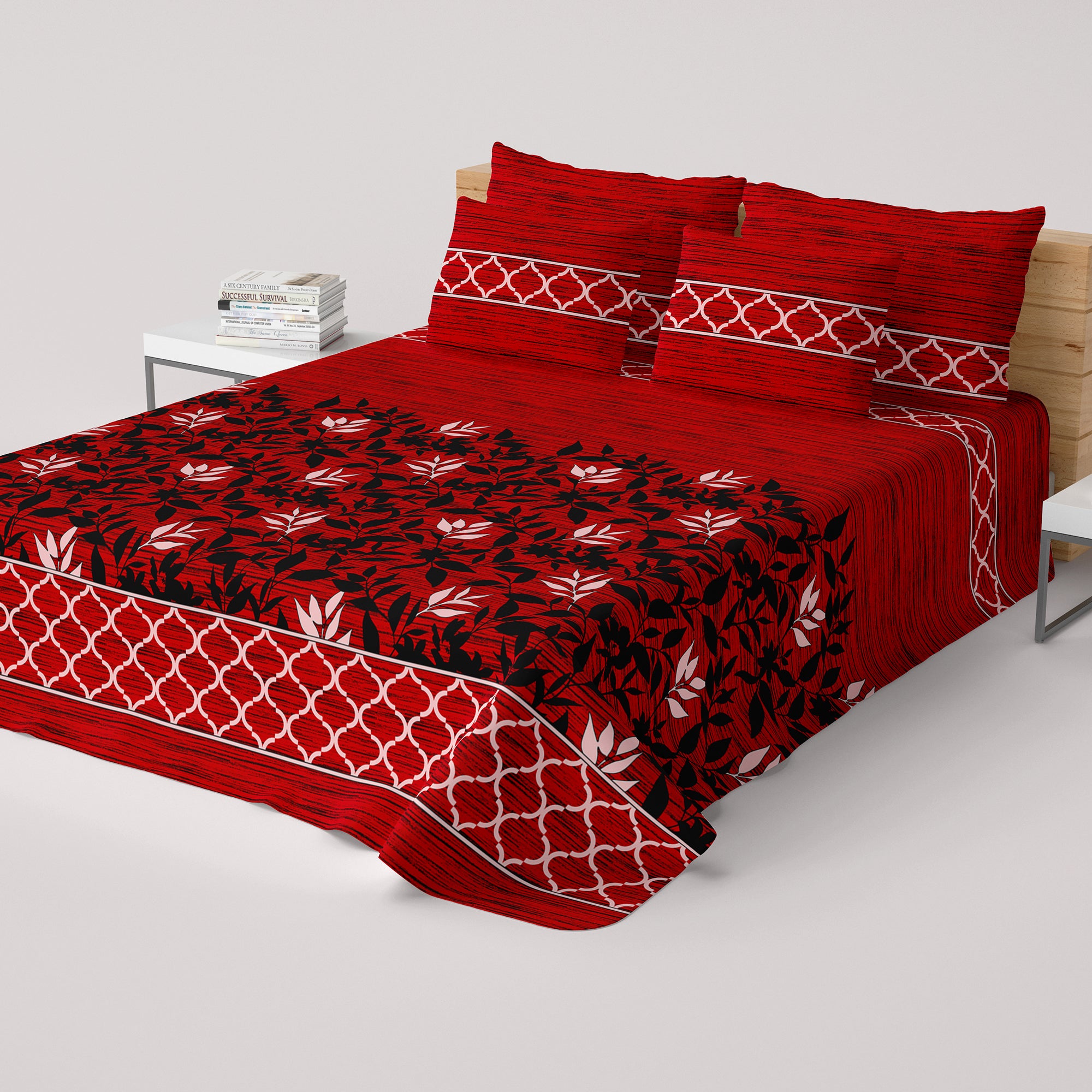 Red Leaf Design Sateen Bed Sheet Set - 6959