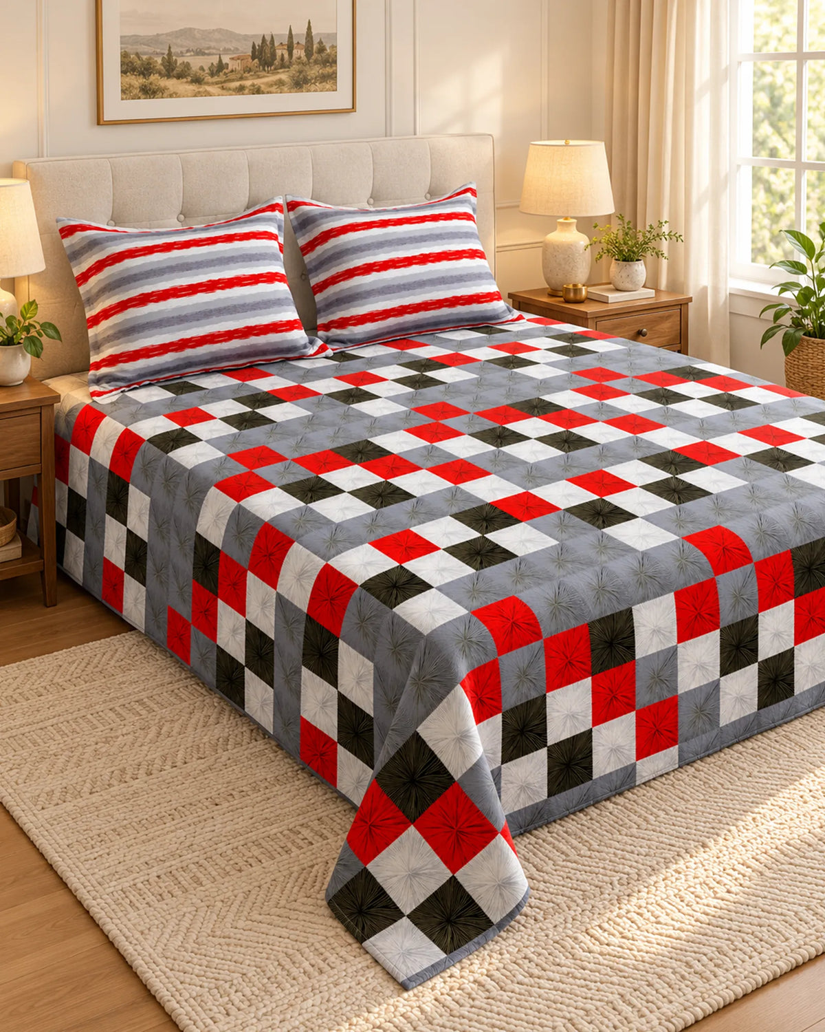 Red & Grey Checkered Xara Bed Sheet Set