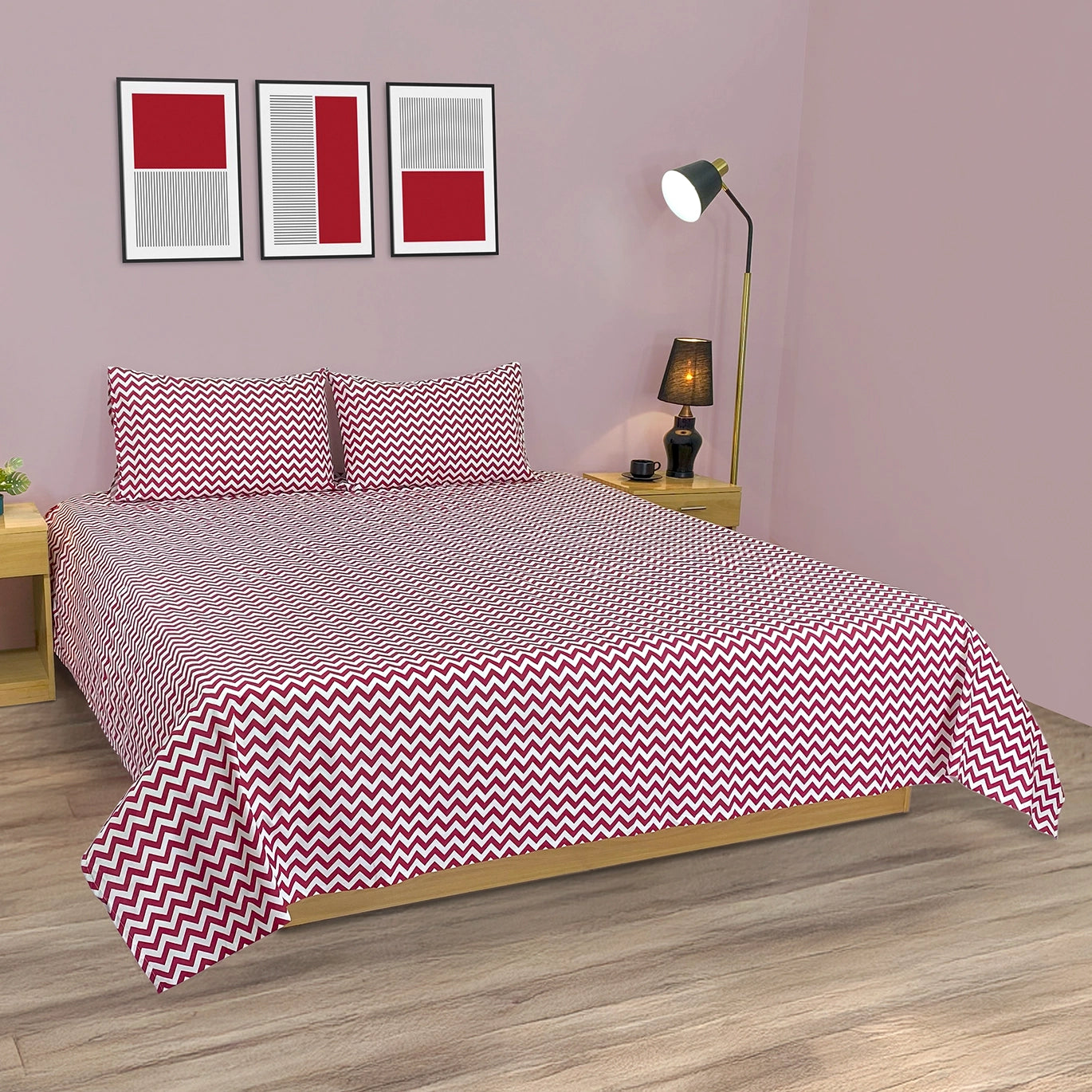 RHS Cotton Percale Zig Zag Bed Sheet Set (Red)