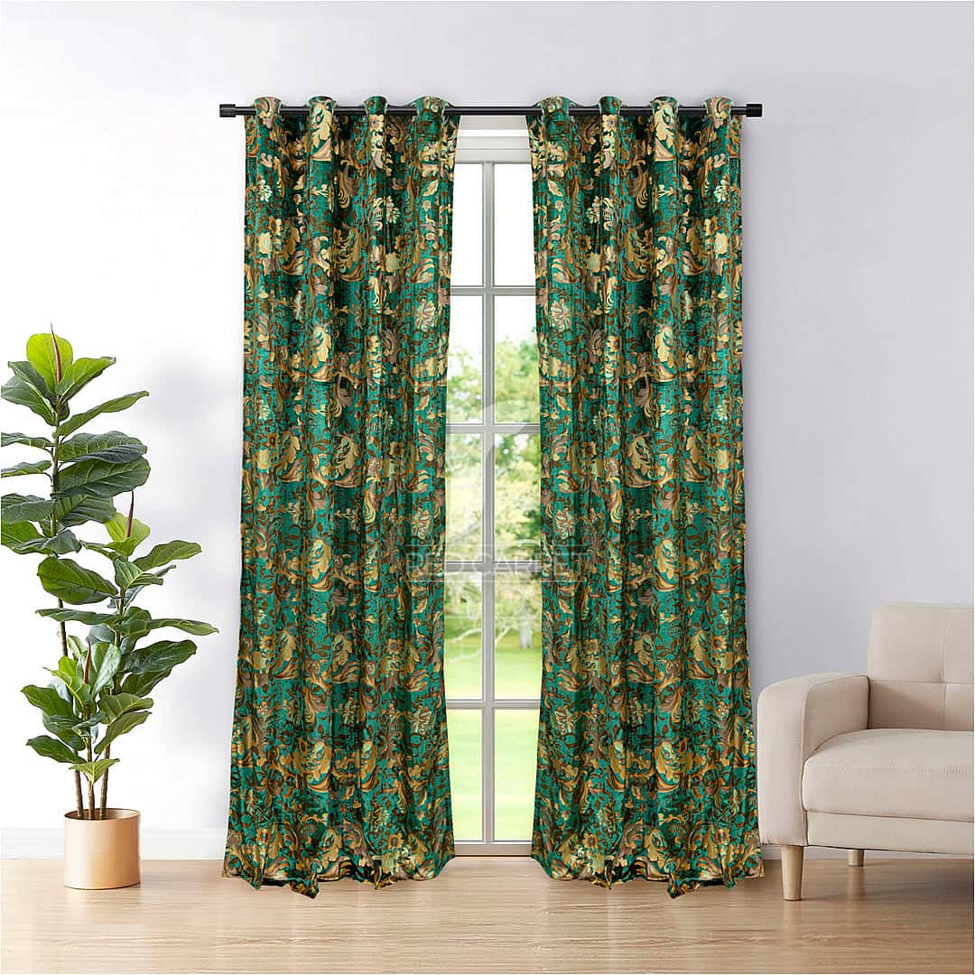Printed velvet curtains panel (Green) Main image