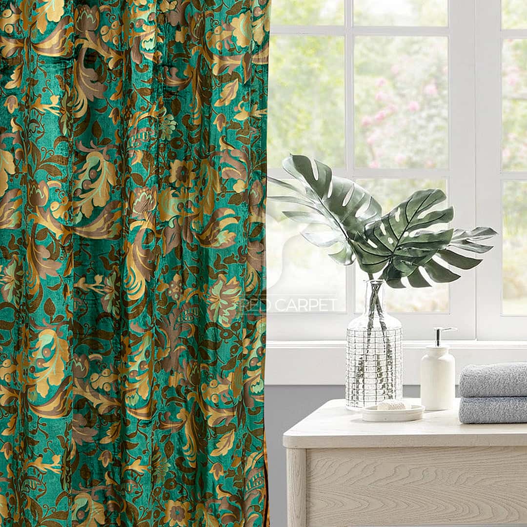 Printed velvet curtains panel (Green) Secondary image