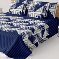 Royal Blue Geometric Squares & Triangles Sateen Bed Sheet Set - 6744